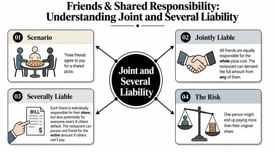 An infographic explaining joint and several liability using a simple example of three friends sharing a pizza.