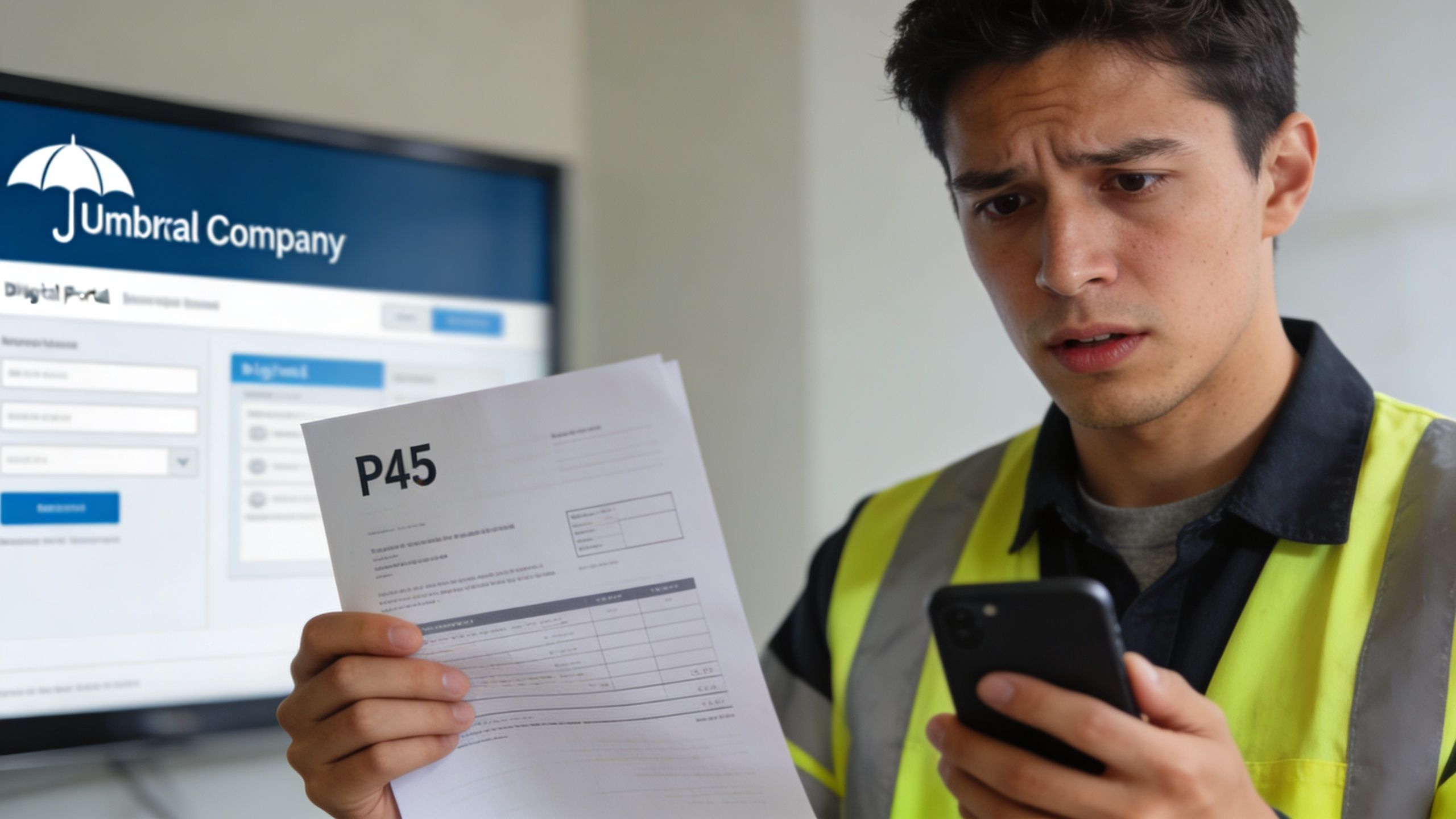 A construction worker looks concerned while holding a P45 tax form and checking his smartphone screen.