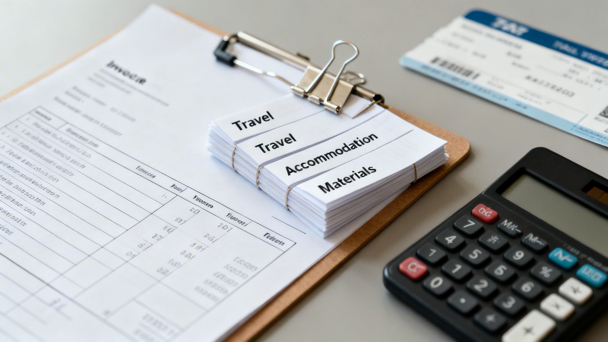 A flat lay of business expenses with an invoice, travel, accommodation, materials categories, calculator, and a flight ticket.