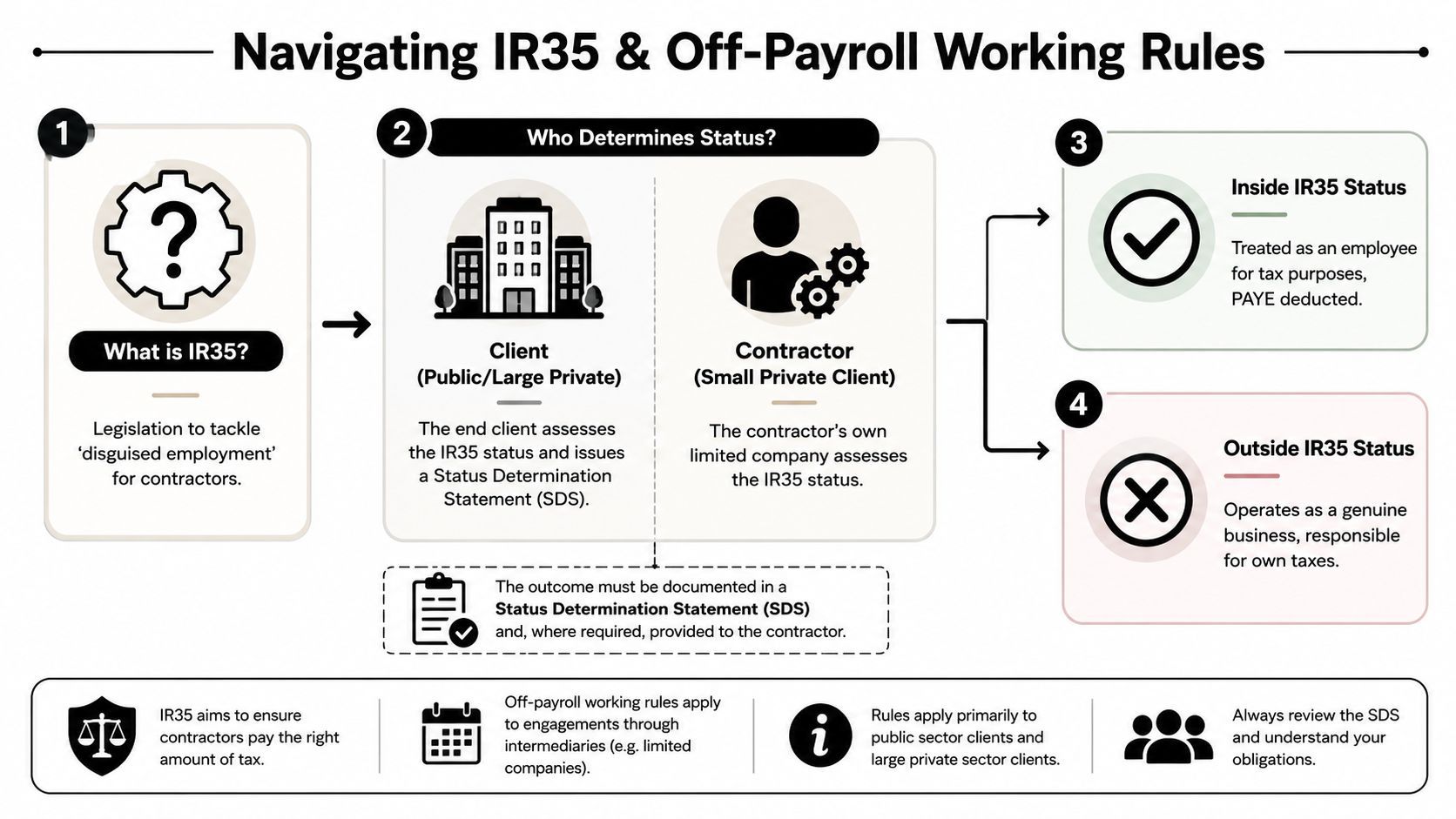 An infographic titled Navigating IR35 and Off-Payroll Working Rules explaining status determination for contractors and clients.