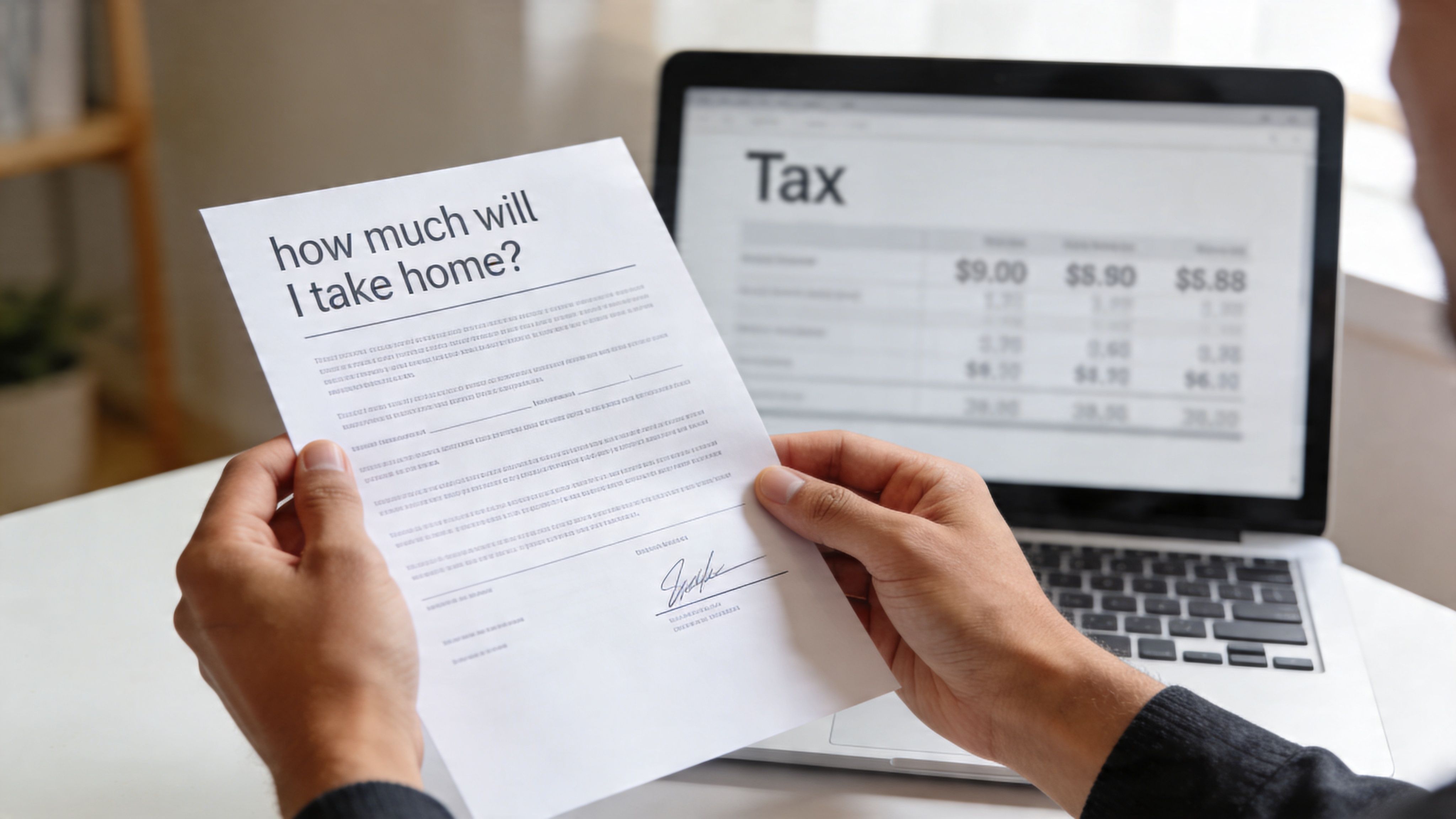 A person holding a document titled How much will I take home in front of a tax calculator.
