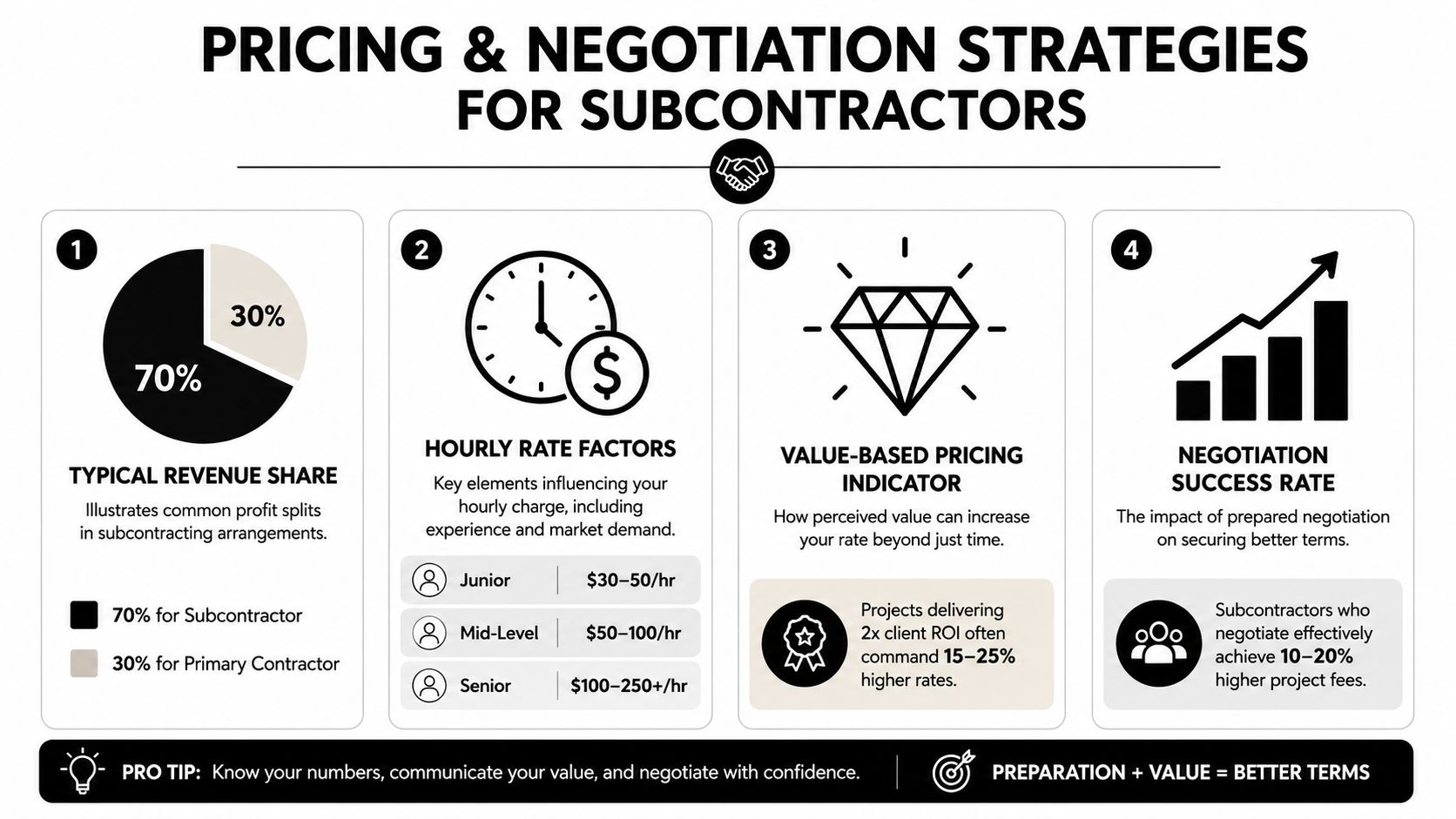 An infographic titled Pricing & Negotiation Strategies for Subcontractors showing charts and tips for setting professional rates.