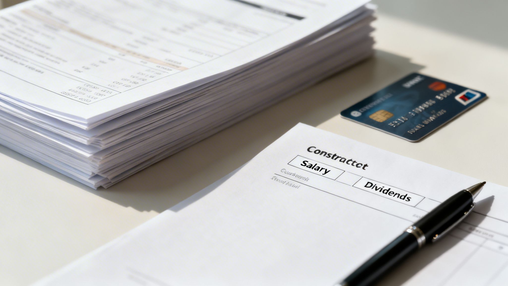 A stack of financial documents, a contract with salary and dividends, a pen, and a credit card.
