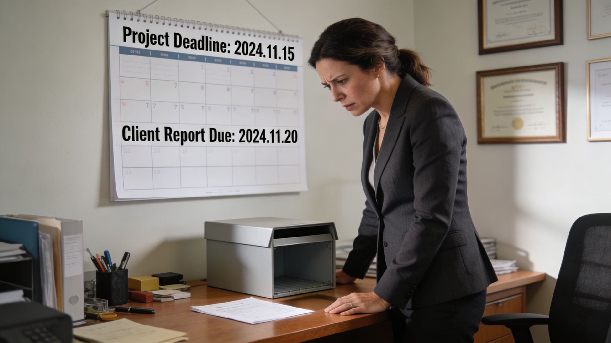 A businesswoman looks concerned at a wall calendar featuring upcoming project and report deadlines in an office.