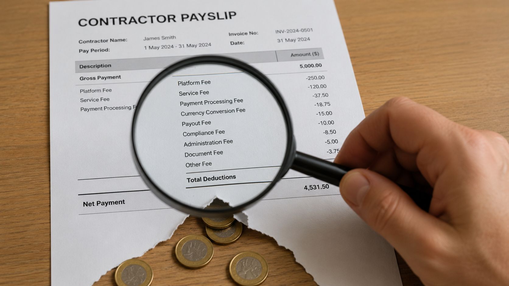 A magnifying glass hovering over a contractor payslip with hidden costs and deductions on a wooden table.