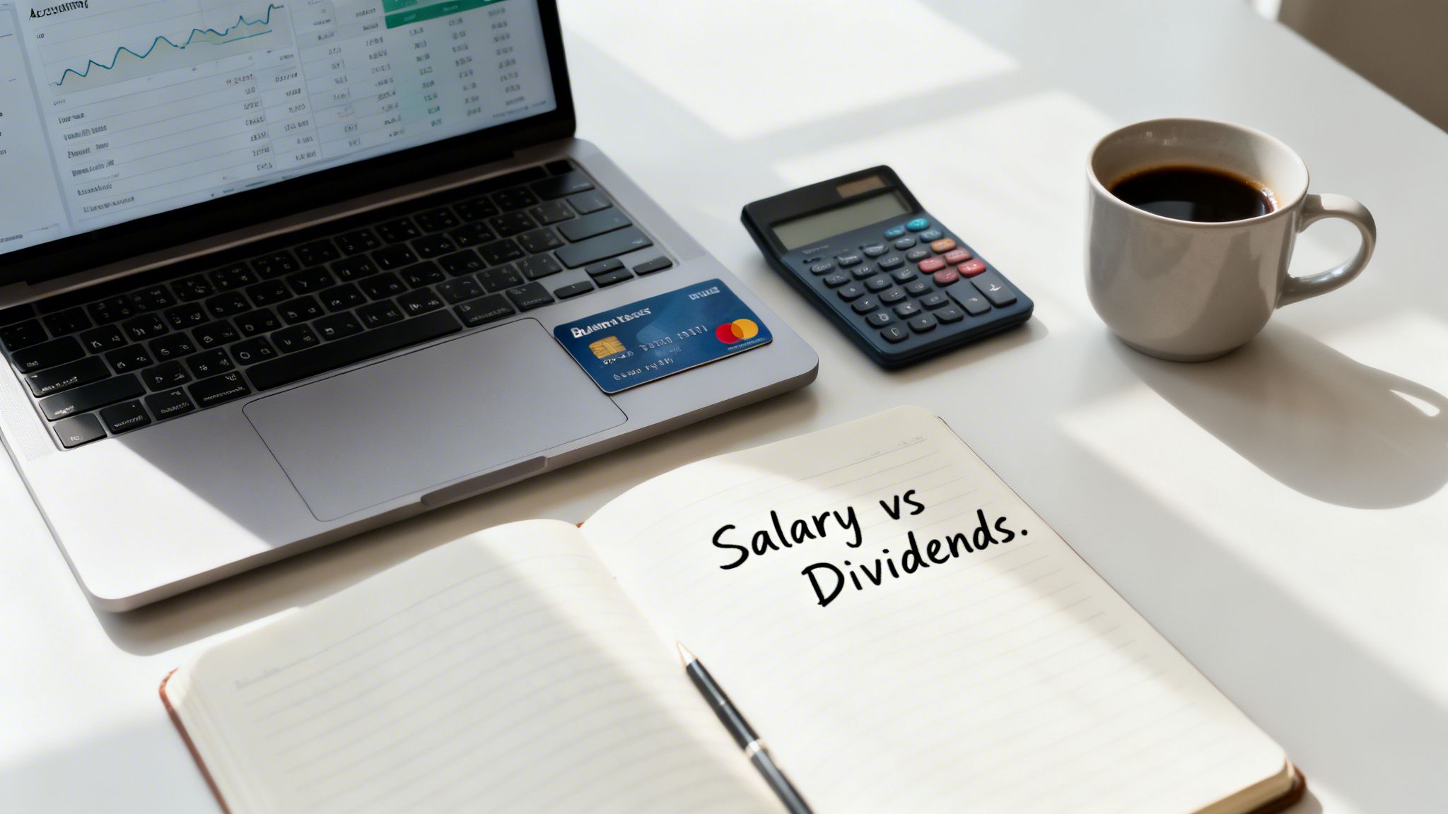 A financial workspace with a laptop, credit card, calculator, coffee, and a notebook titled 'Salary vs Dividends.'