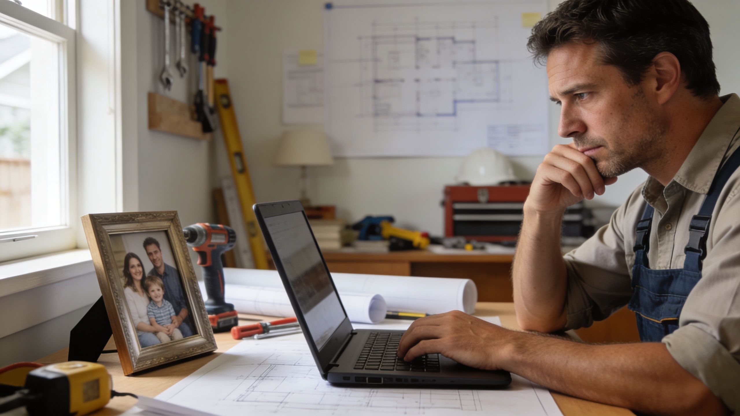 A focused male contractor sitting at his desk reviewing construction plans on a laptop computer.