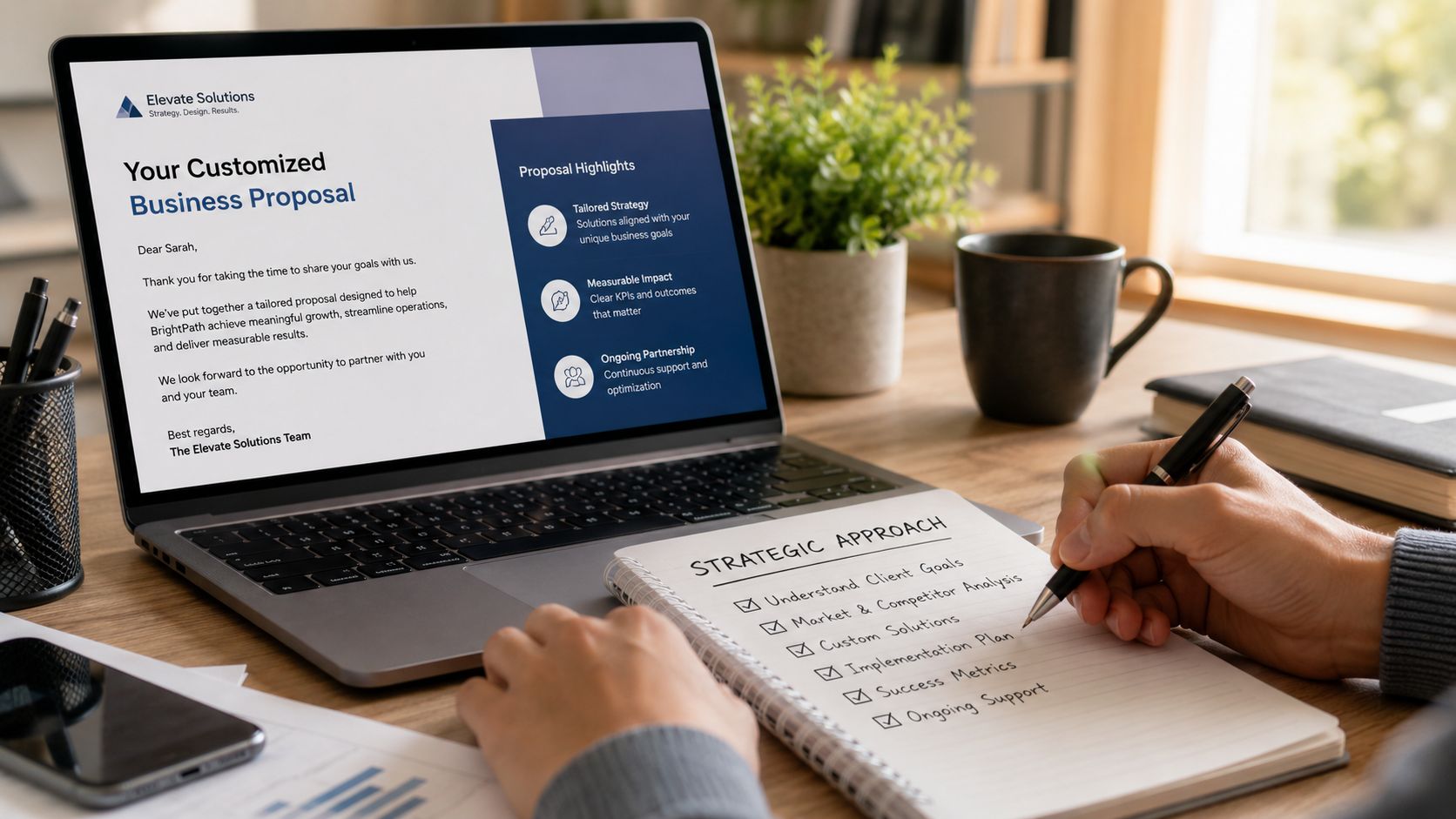 A professional desk workspace showing a laptop displaying a business proposal next to a strategic planning notebook.