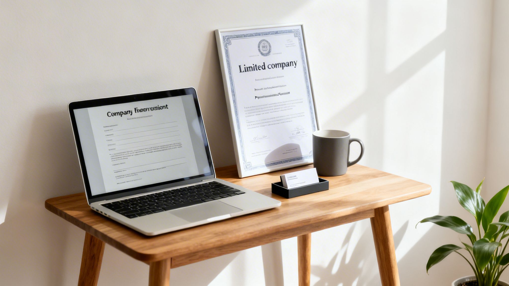 A laptop displaying a company document, a framed 'Limited company' certificate, and a mug on a wooden desk.
