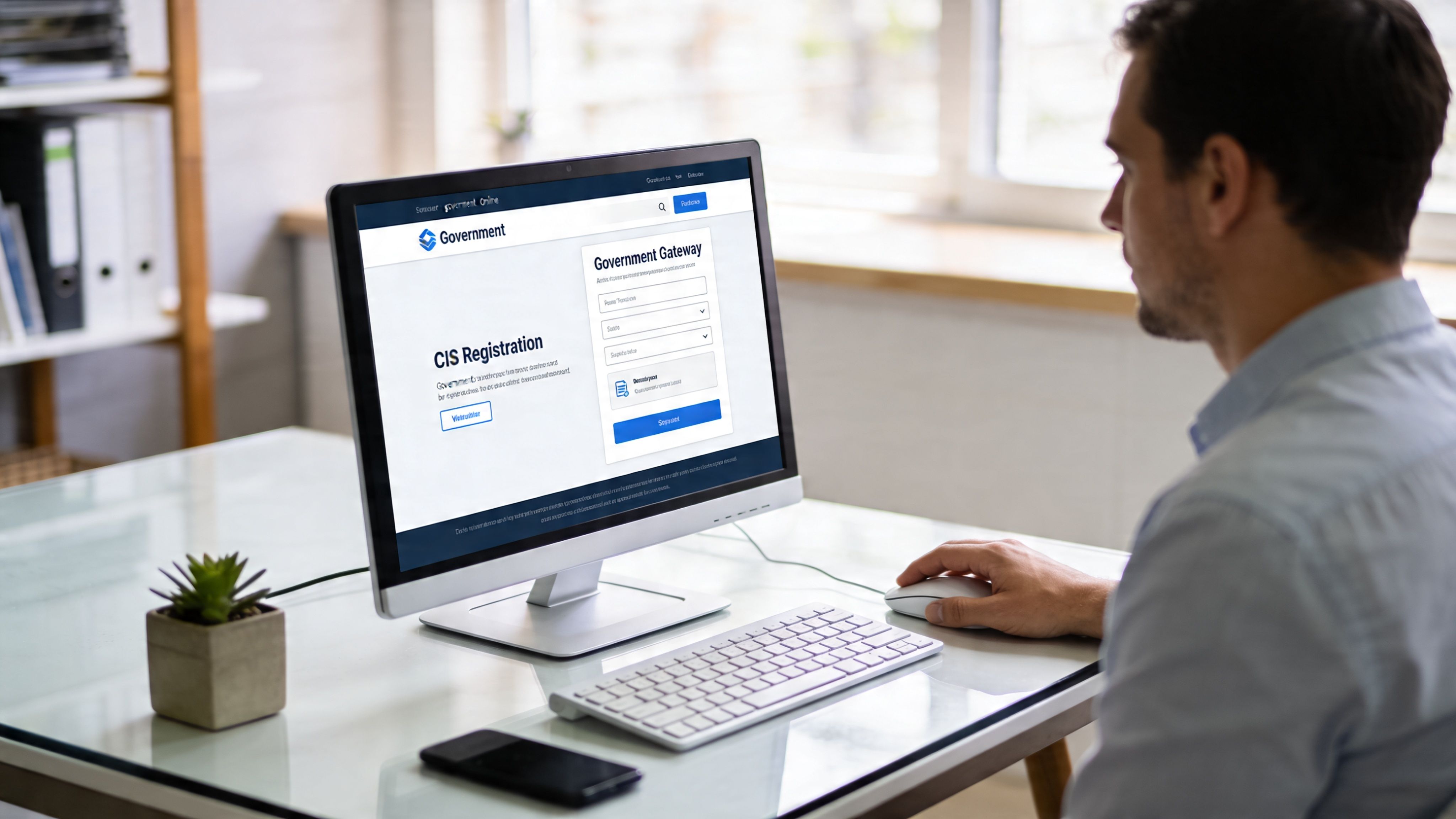 A professional man sitting at a desk and using a computer to register for CIS contractor services online.