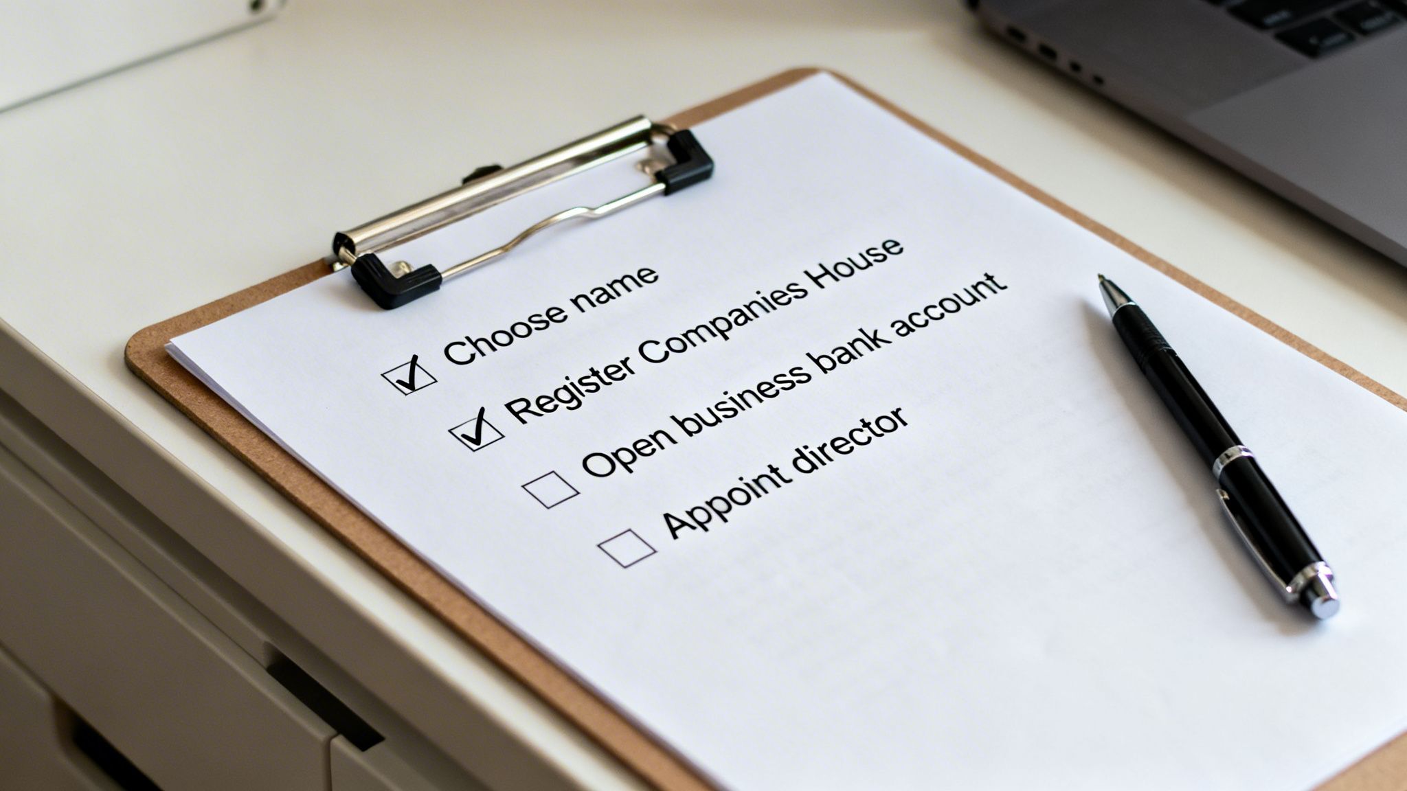 A checklist on a clipboard with 'Choose name' and 'Register Companies House' checked, on a white desk with a pen.