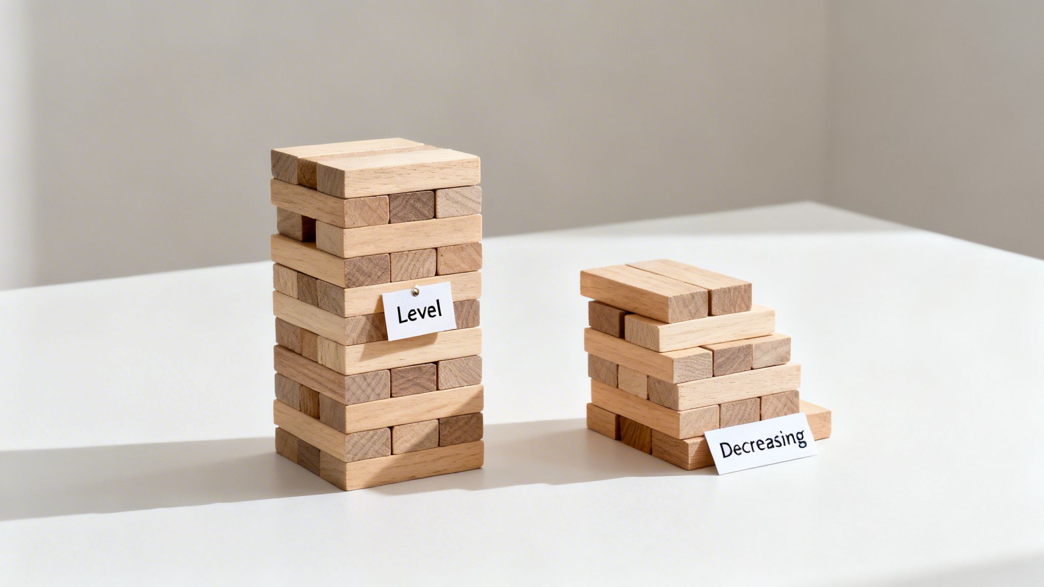 Two stacks of wooden blocks on a white table, one labeled 'Level' and the other 'Decreasing'.