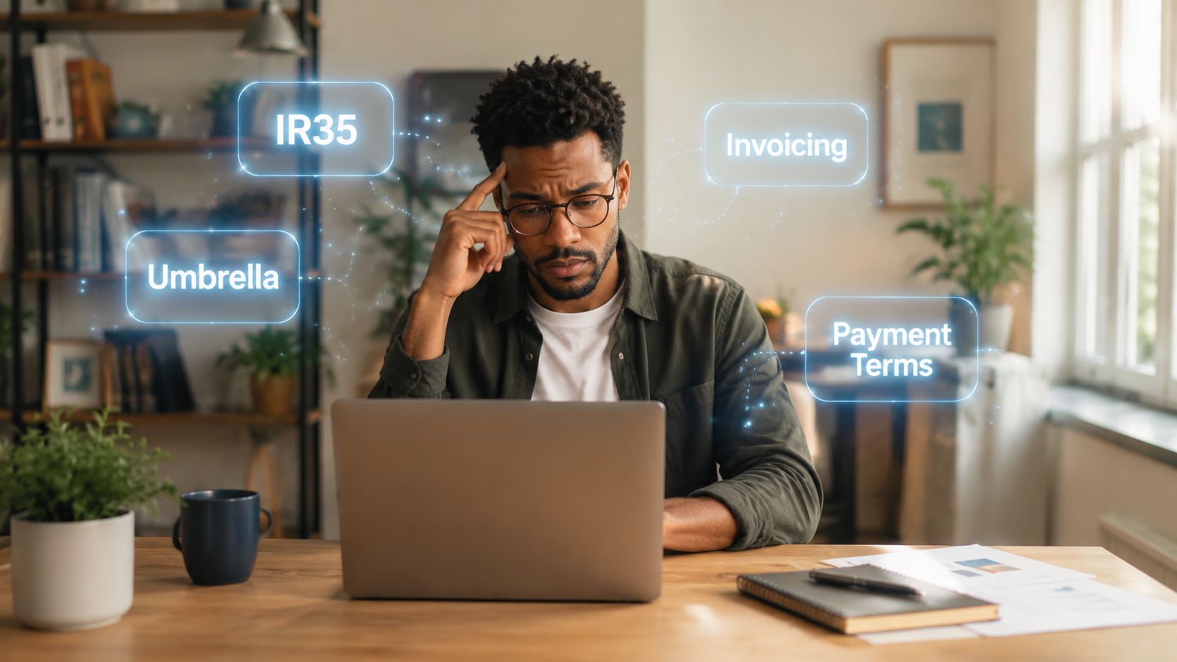 A concerned contractor working on a laptop surrounded by digital icons representing complex financial and legal concepts.