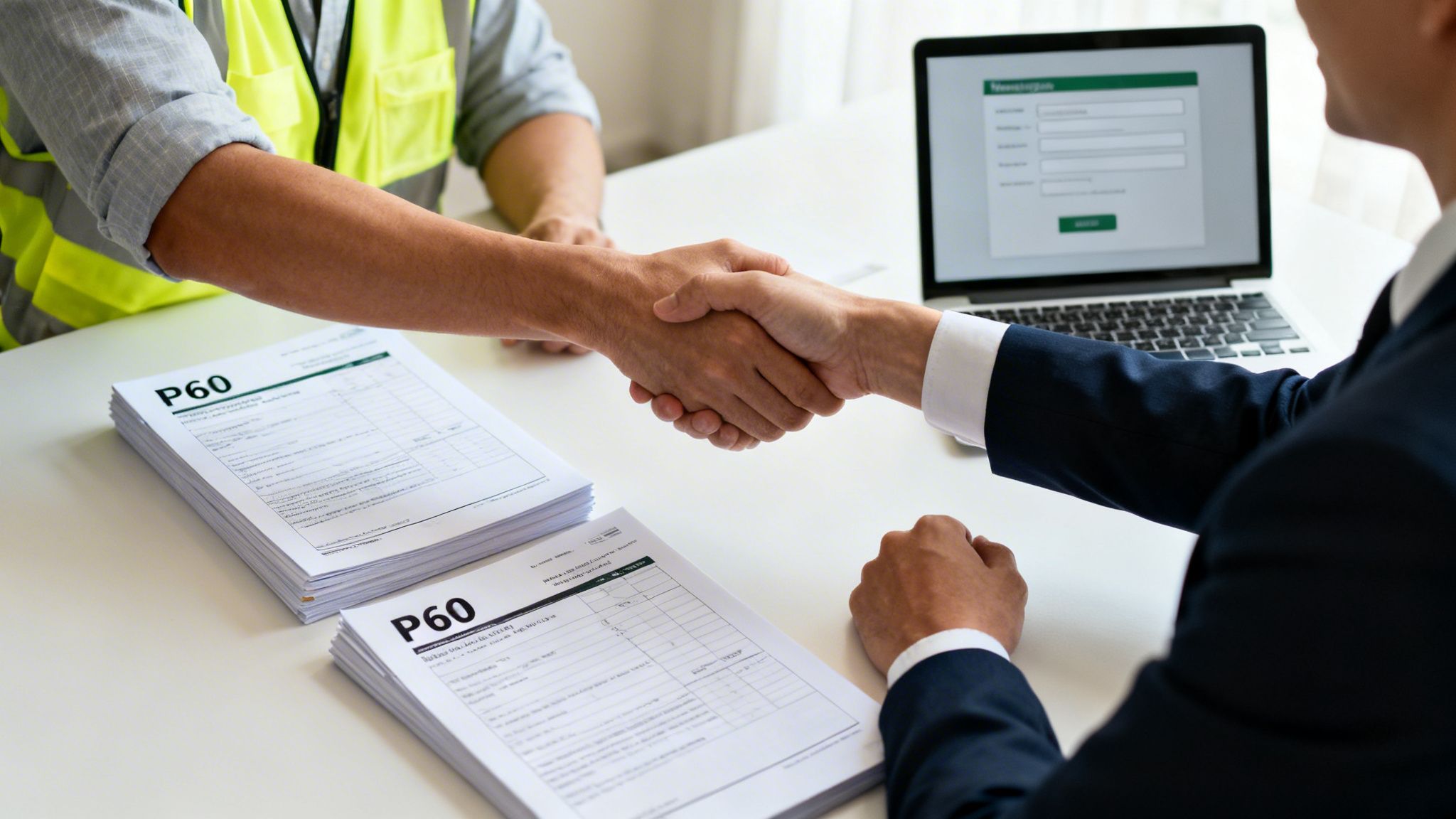 Two men, one in a safety vest and one in a suit, shake hands over a desk with P60 forms and a laptop.