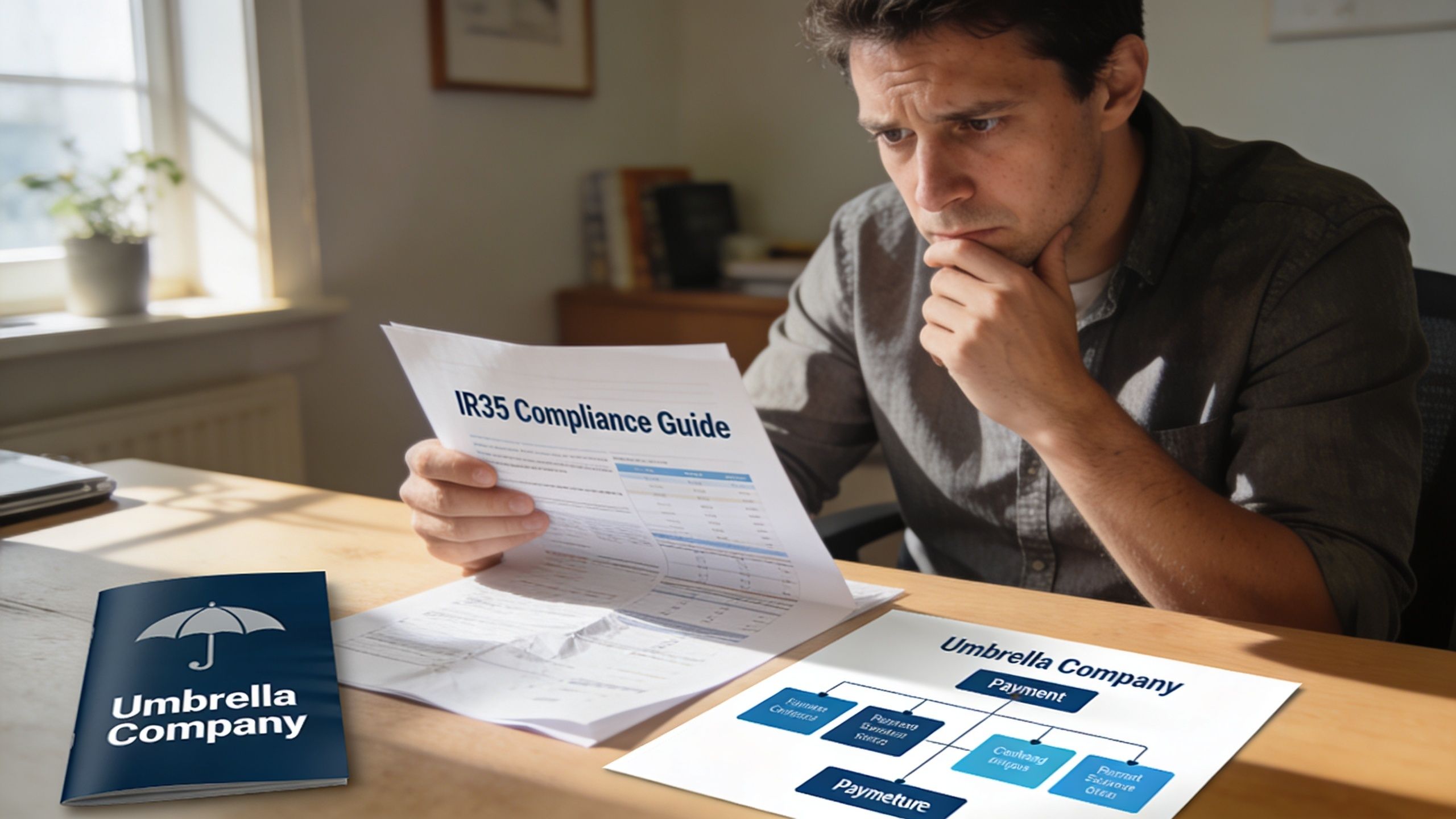 A man carefully studying an IR35 compliance guide while seated at a desk with financial diagrams.