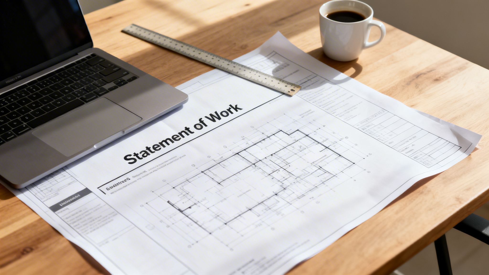 Overhead view of an architect's desk with Statement of Work blueprints, a laptop, ruler, and coffee.