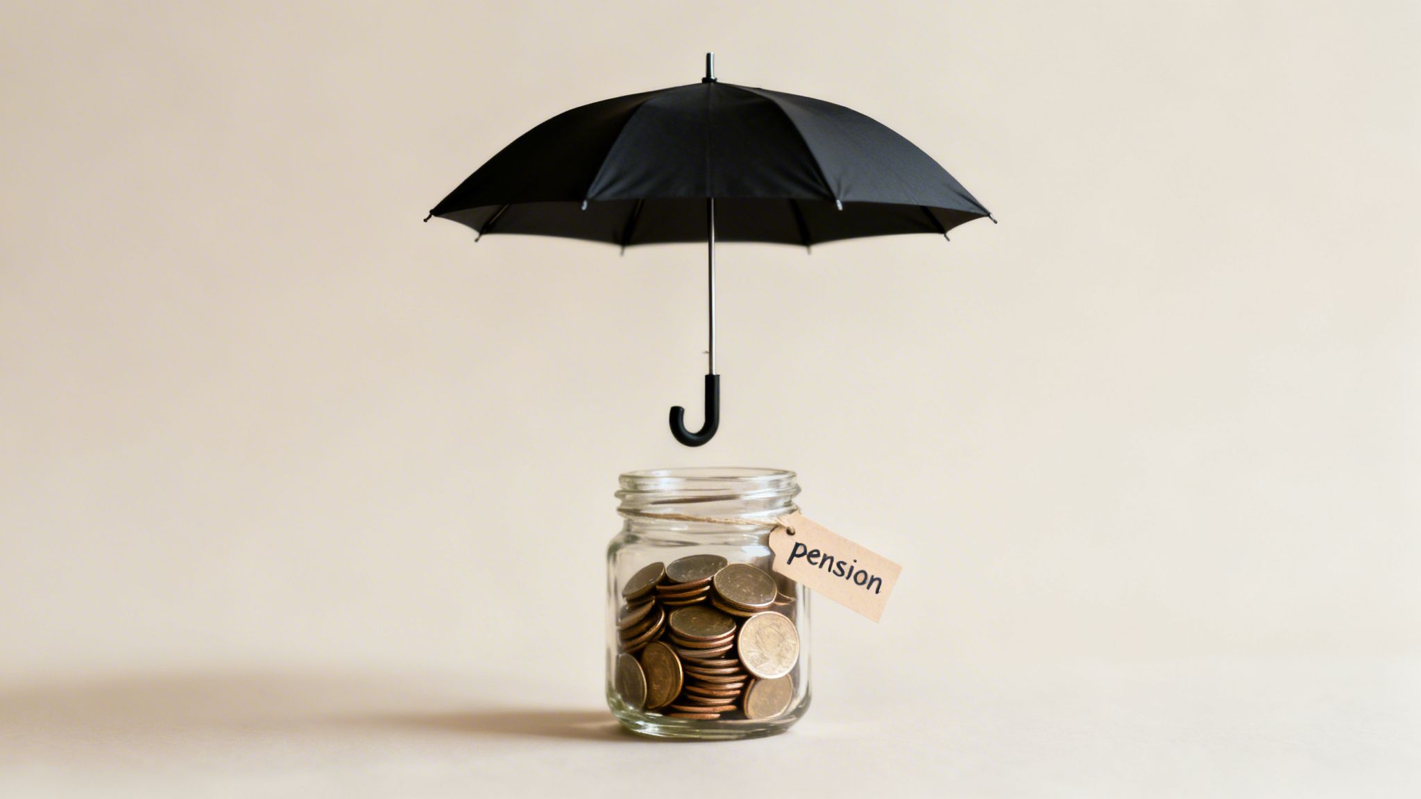 An open black umbrella shields a glass jar full of coins labeled 'pension' on a light background.