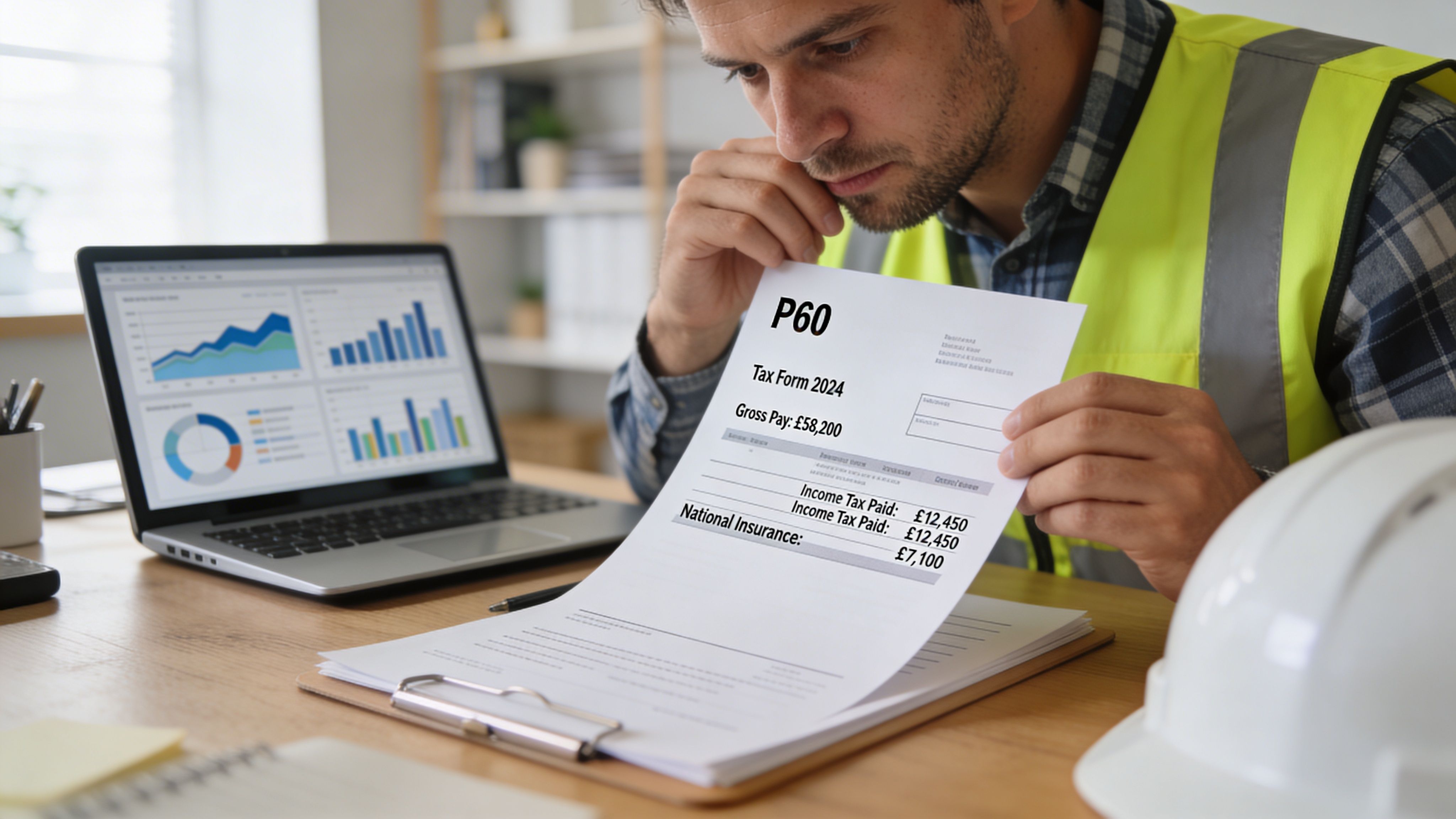 A construction worker in a high-visibility vest reviews his annual P60 tax summary document at a desk.