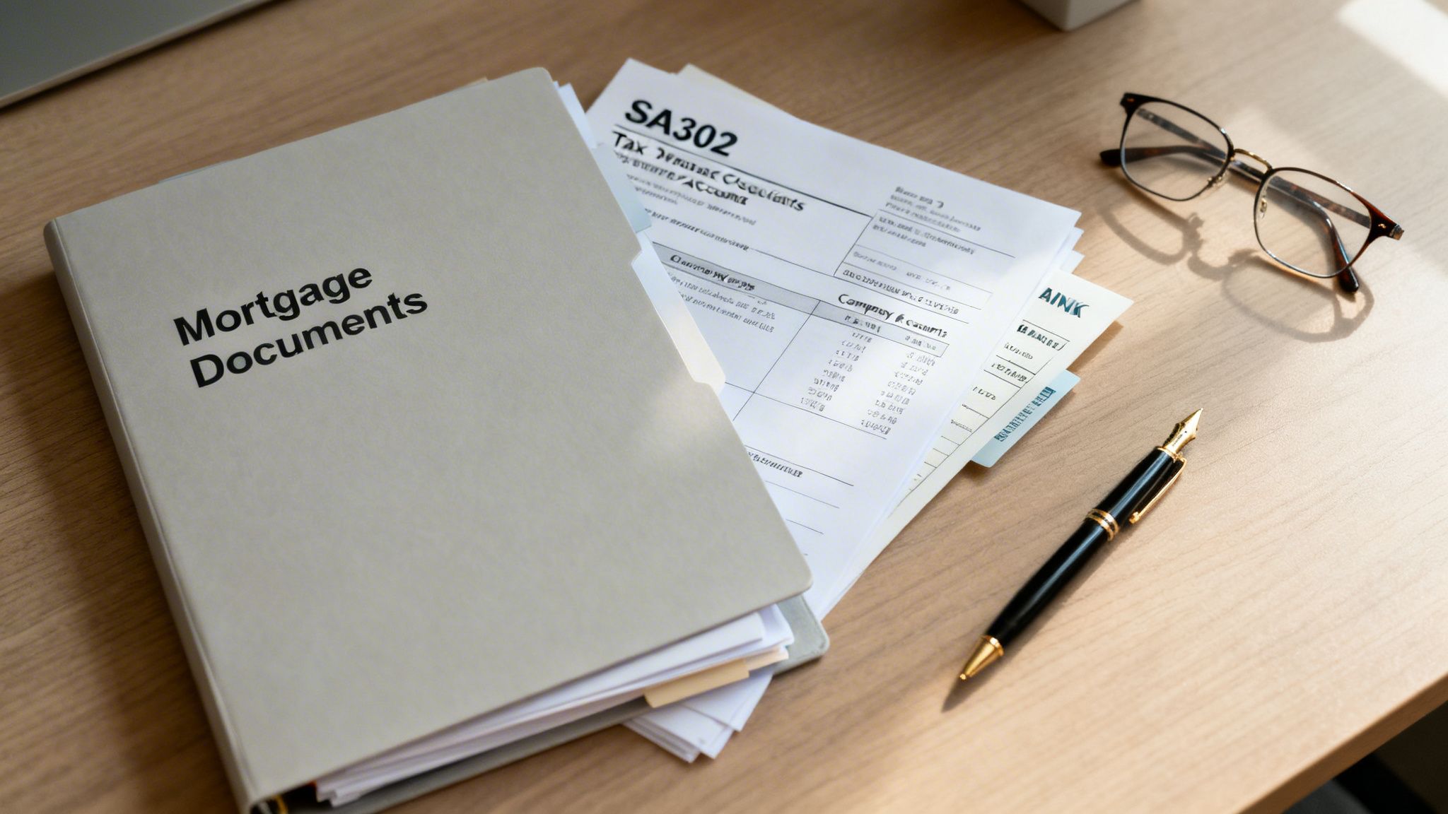 A 'Mortgage Documents' binder on a wooden desk with tax forms, financial statements, glasses, and a pen.