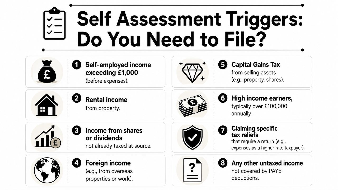 An infographic titled Self Assessment Triggers detailing eight common financial reasons you may need to file.