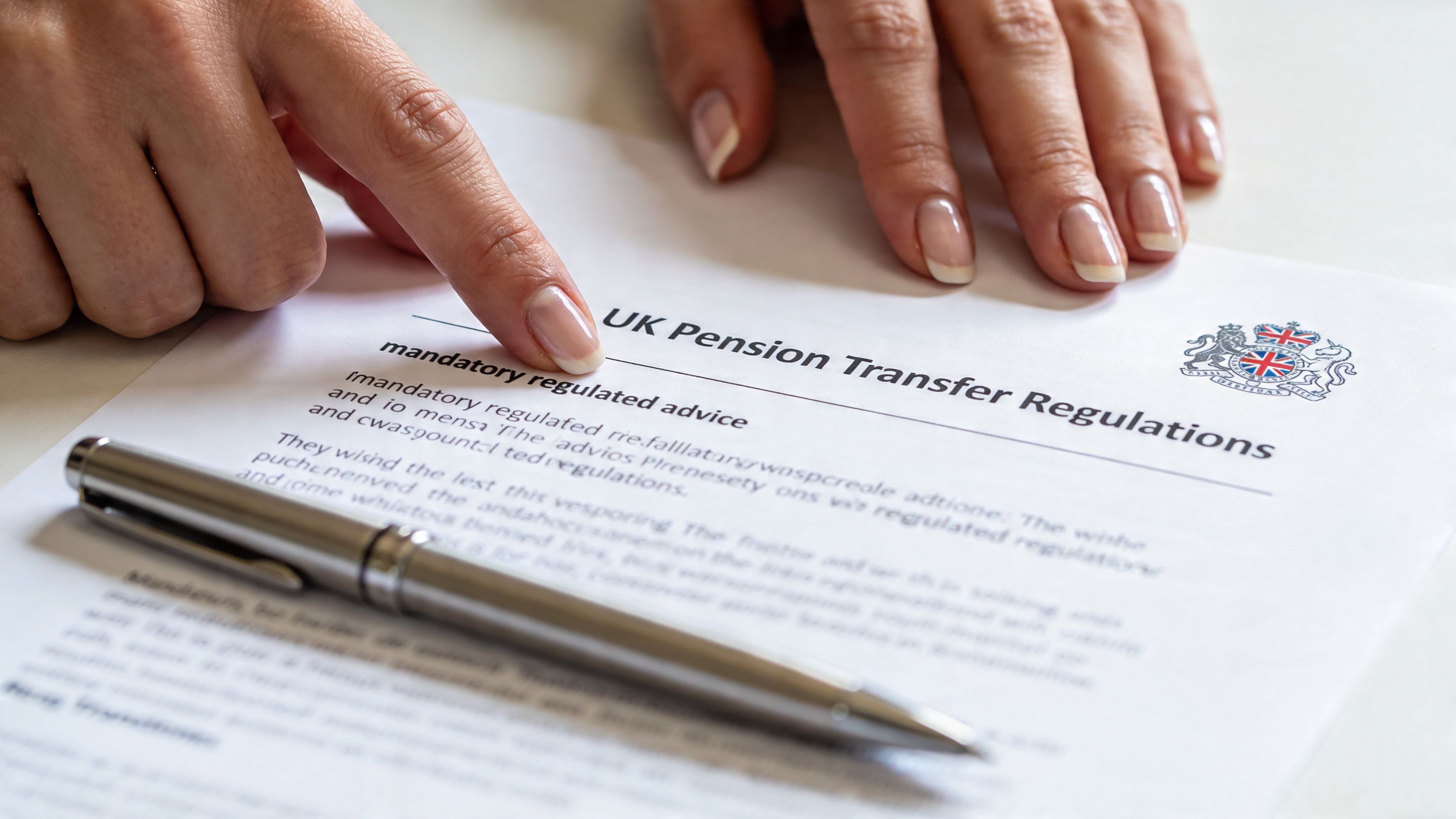 A person pointing to a document titled UK Pension Transfer Regulations with a silver pen nearby.