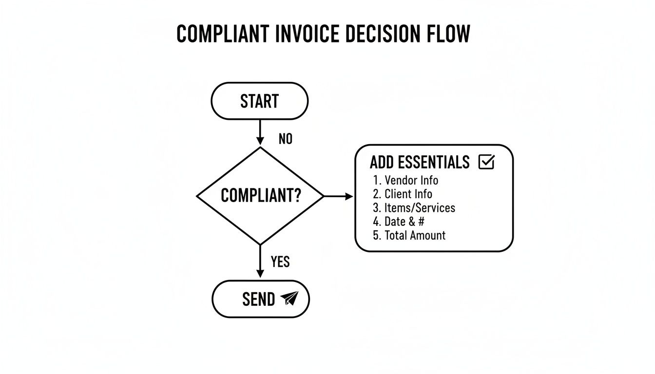 Flowchart outlining the decision process for a compliant invoice, including essential details.