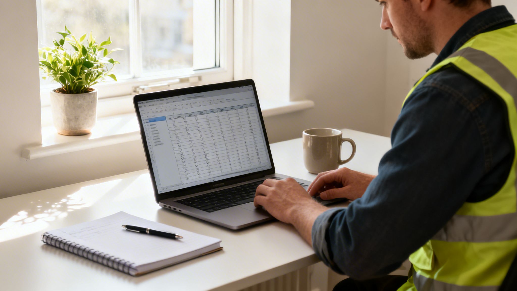 A man in a high-visibility vest works on a laptop with a spreadsheet in a bright home office.