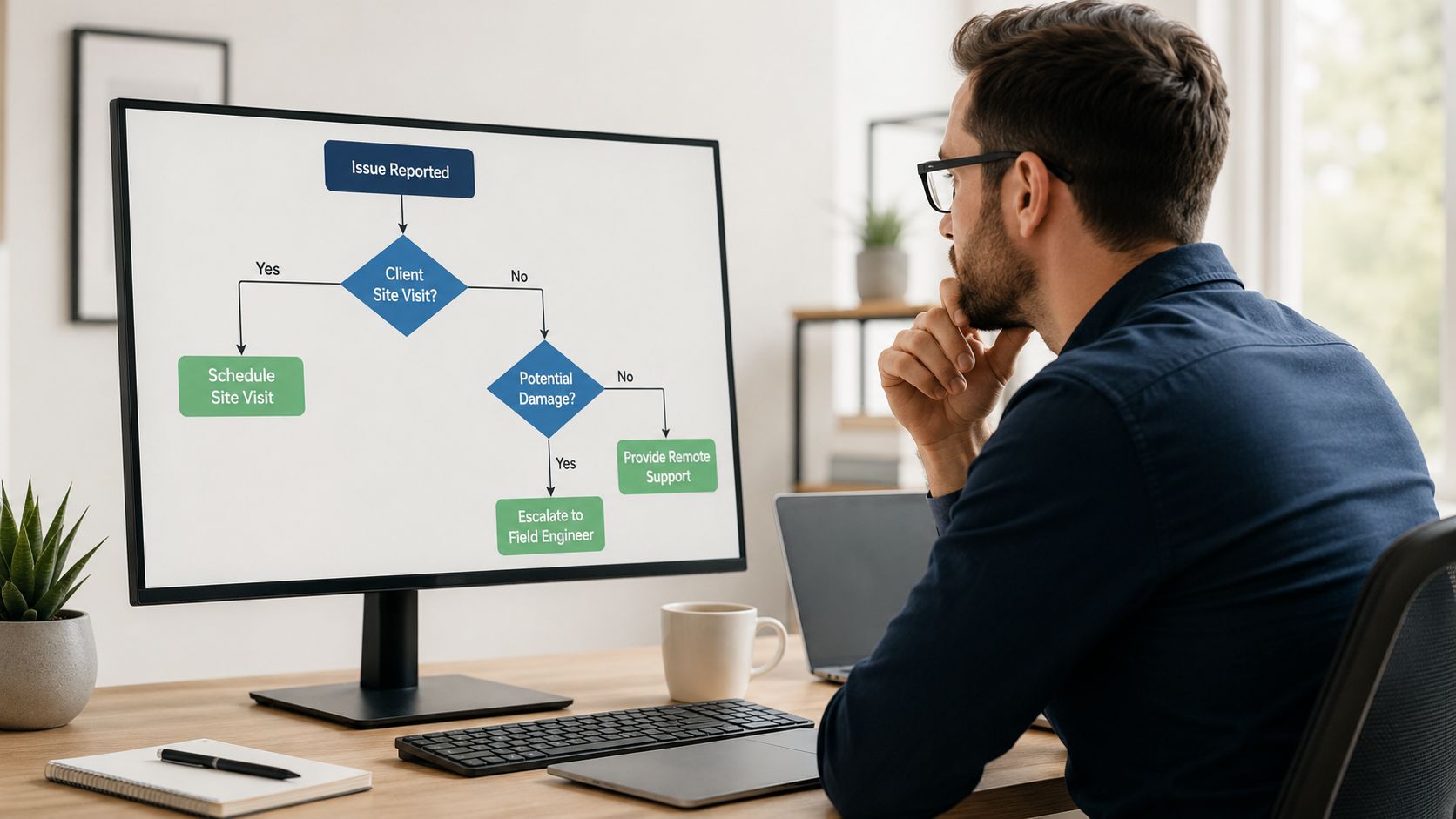 A professional man looking at an IT support workflow diagram on a computer screen at his desk.