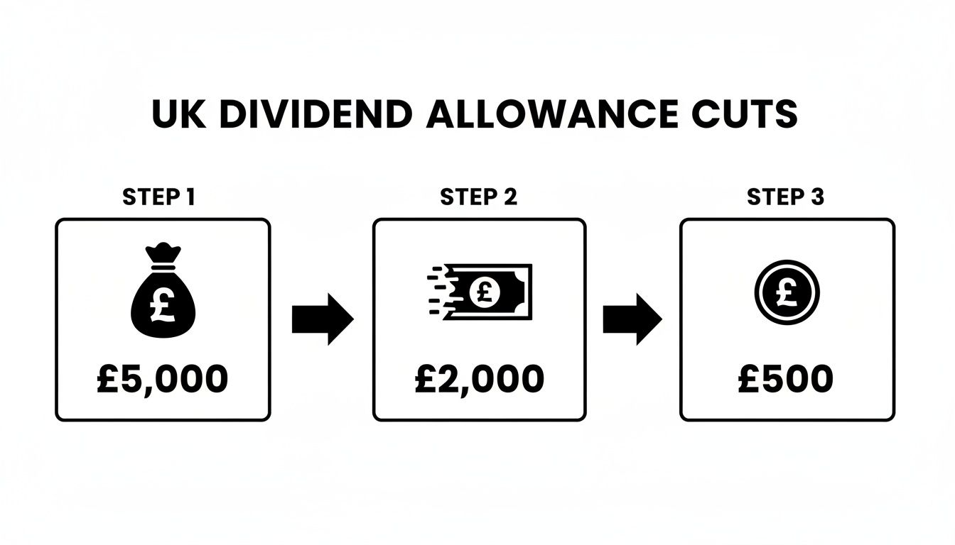 An infographic illustrating the phased cuts to the UK dividend allowance from £5,000 down to £500.