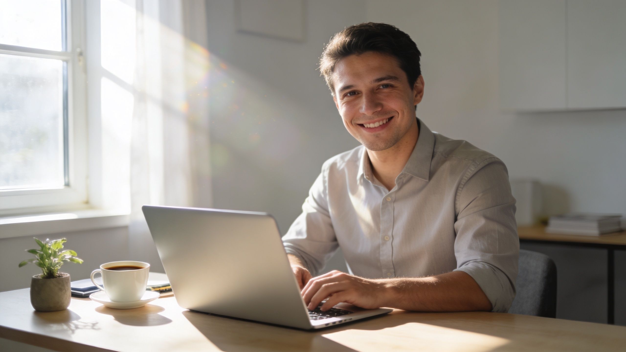 A smiling young man in a light shirt working on his laptop at a desk by a window.