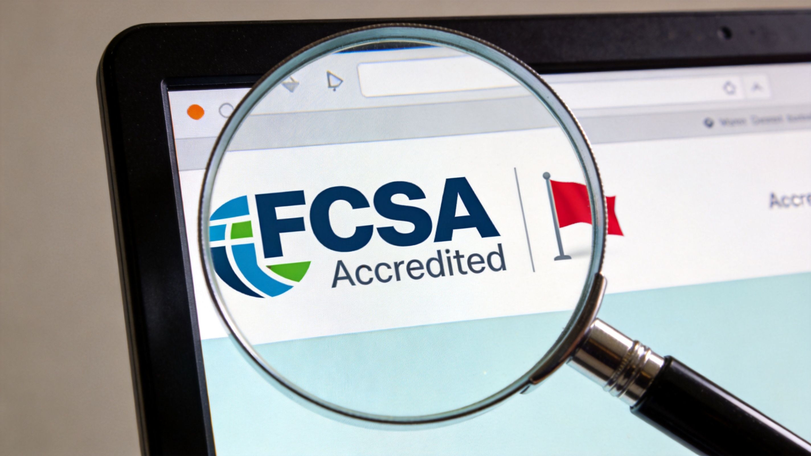 A magnifying glass focused on the FCSA Accredited logo displayed on a laptop screen.