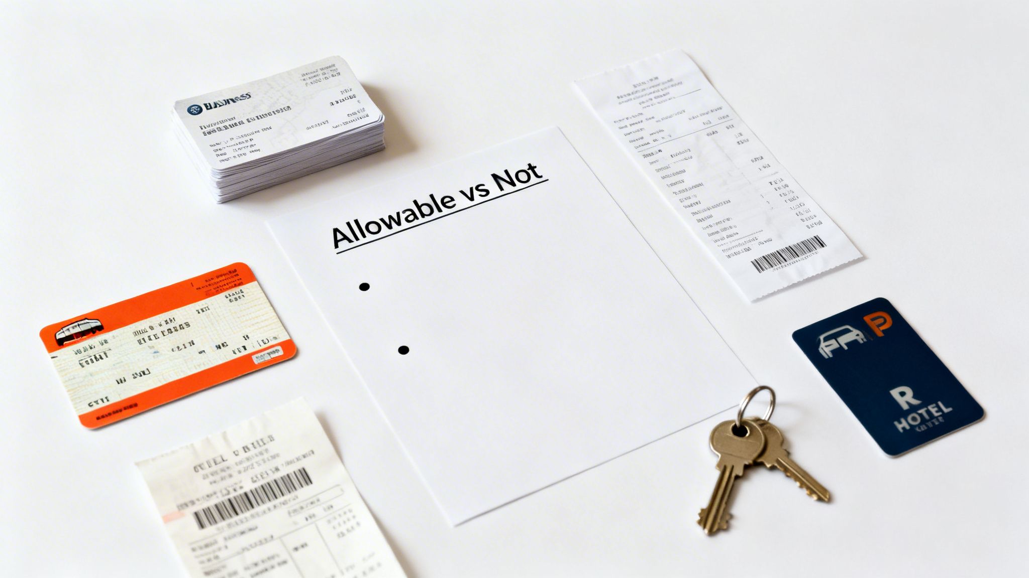 A collection of business travel expense documents, including receipts, tickets, and keys.