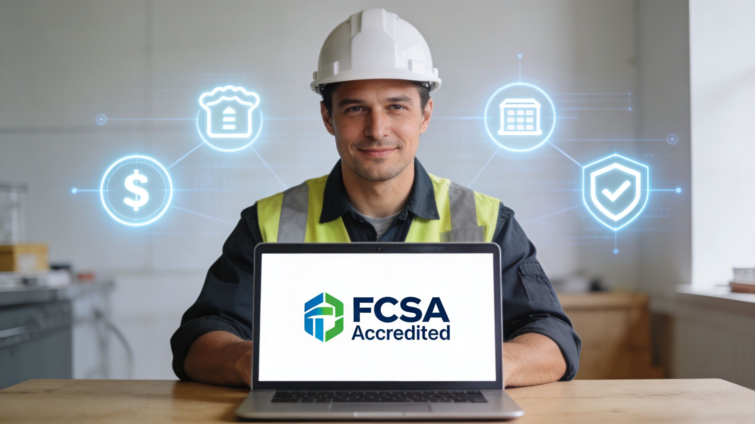 A professional construction worker wearing a hard hat displaying the FCSA Accredited logo on a laptop screen.