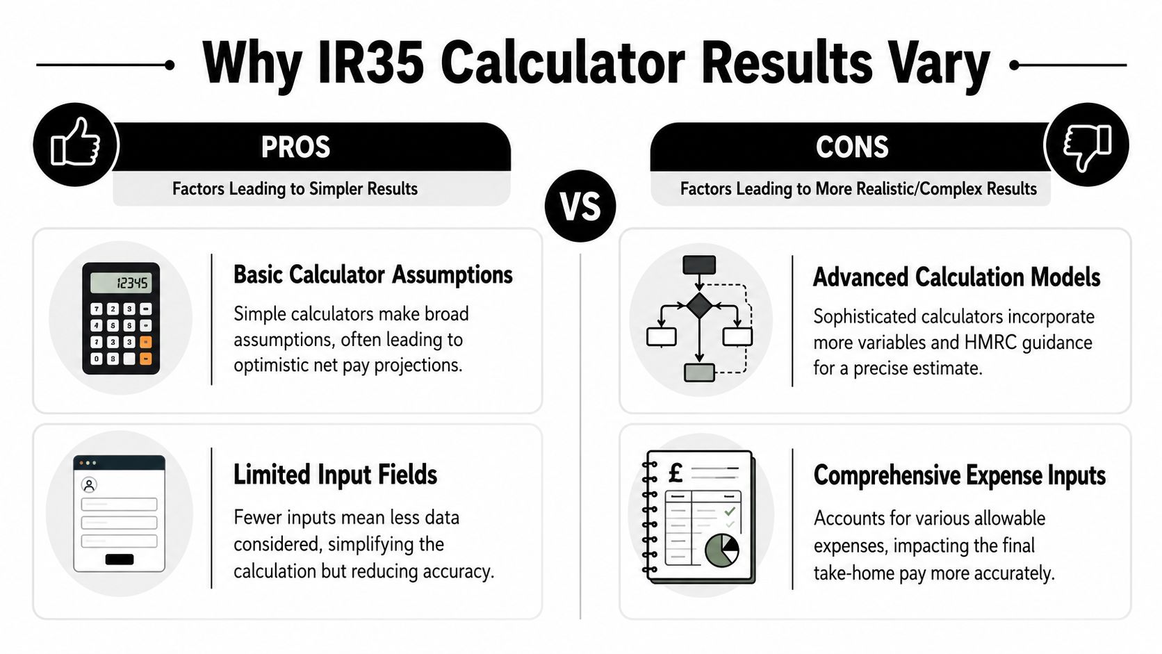 A comparison infographic explaining why different IR35 calculators produce varying results for tax projections.