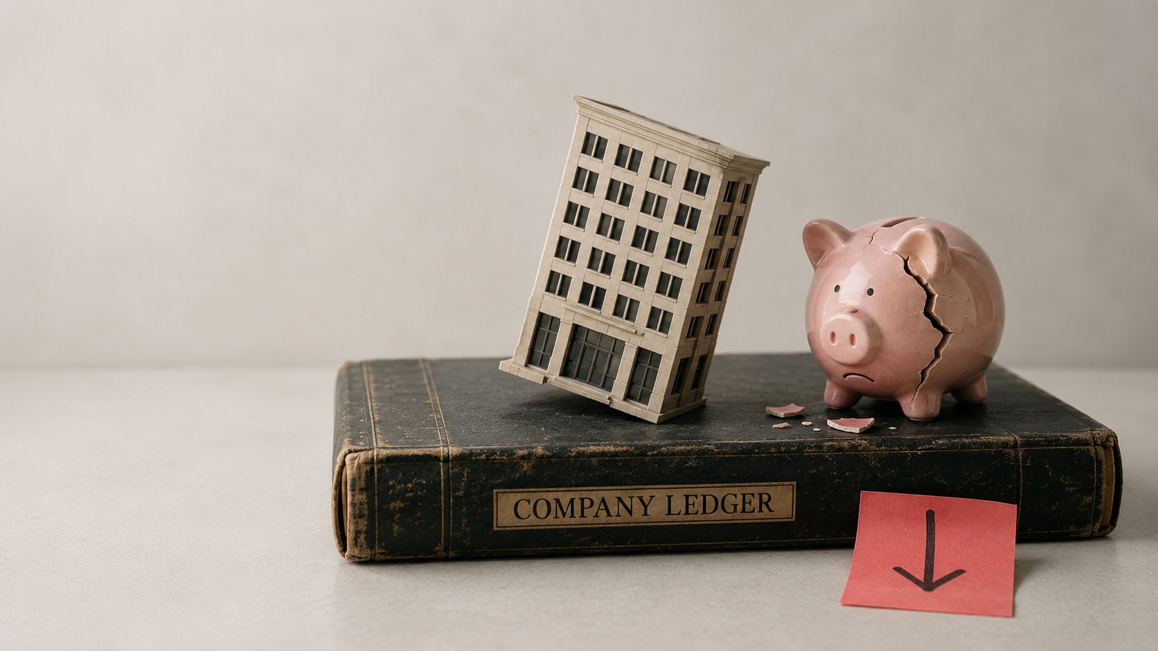 A cracked piggy bank and a miniature office building sitting on a vintage company ledger book.