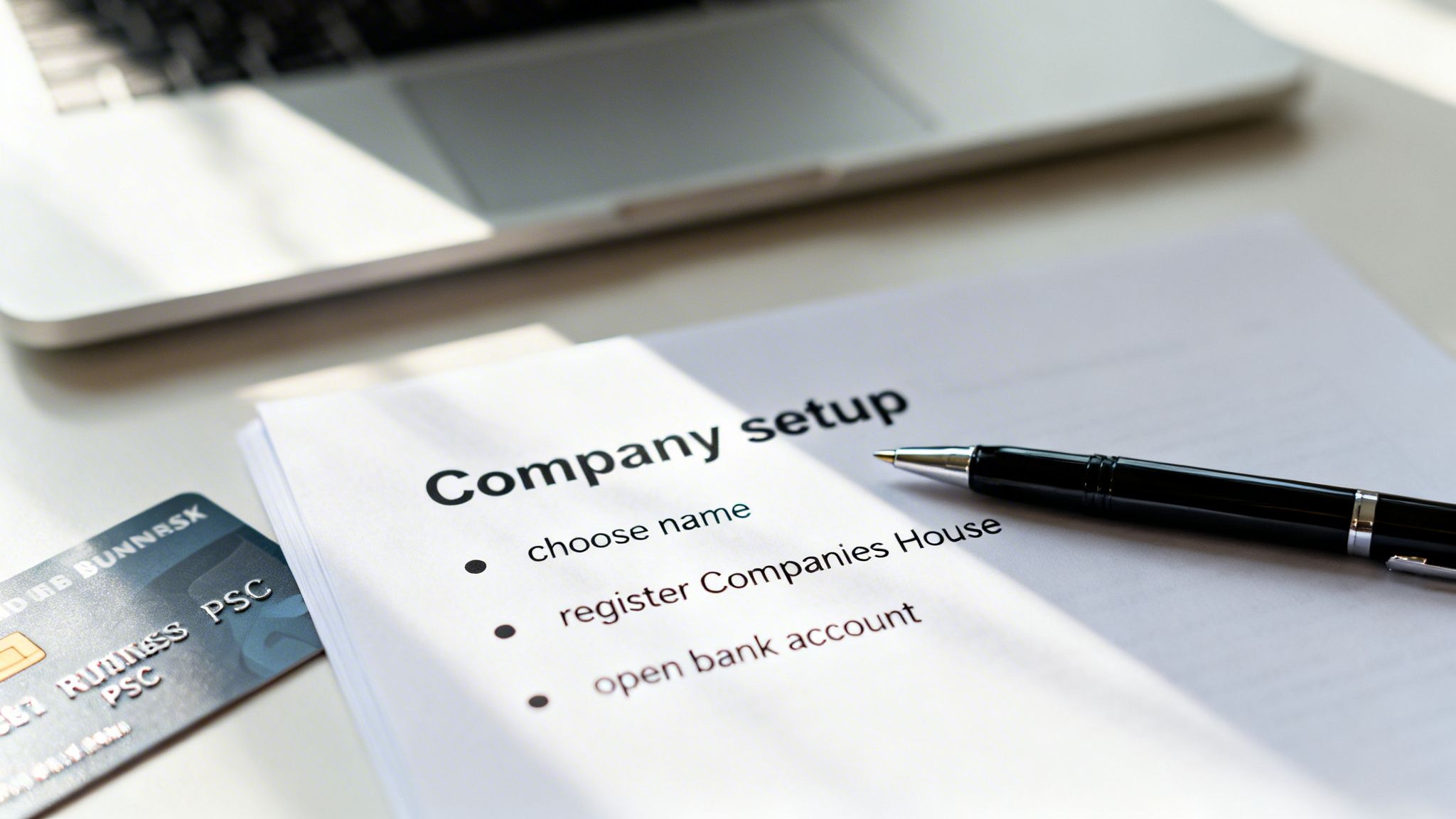 Document showing 'Company setup' steps: choose name, register, open bank account, with pen and credit card.