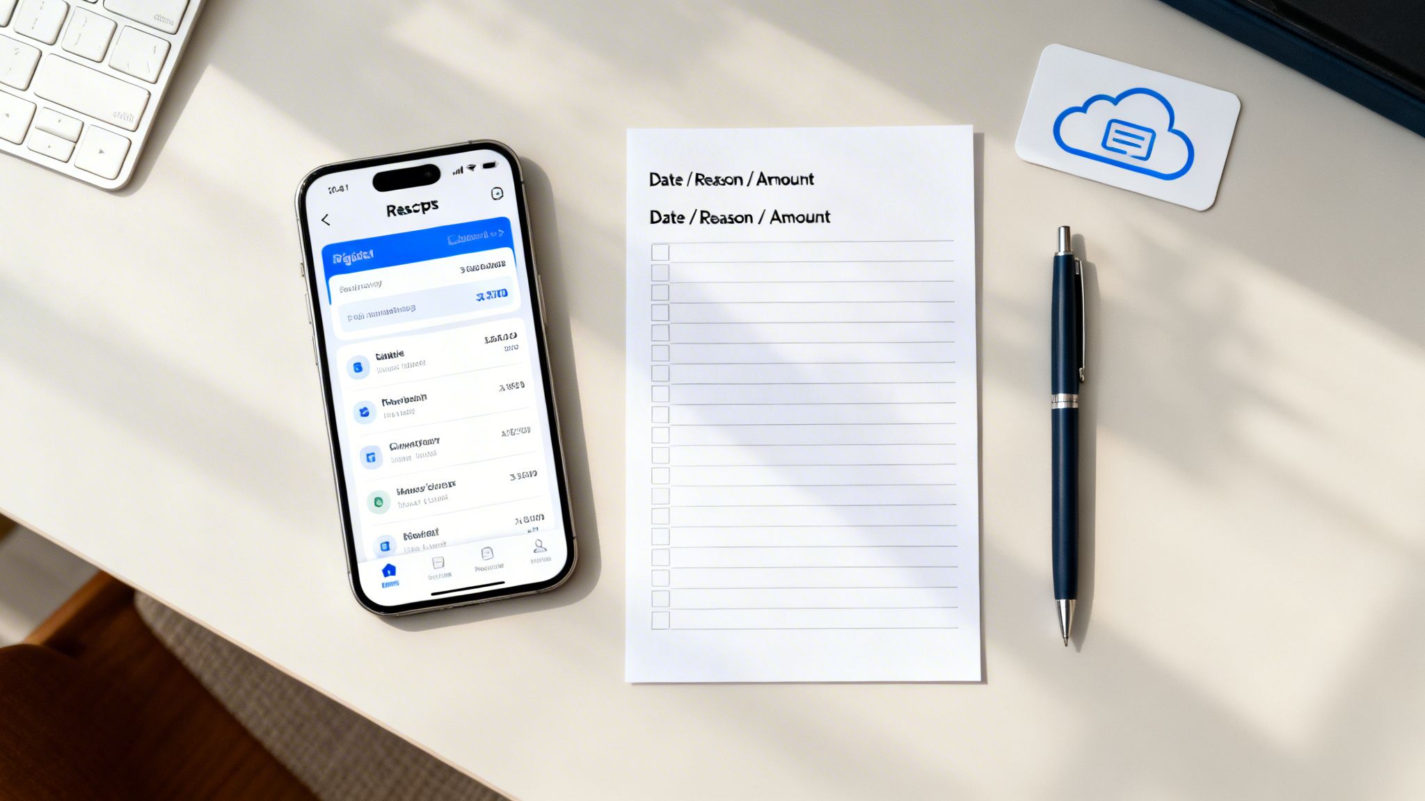 A flat lay image showing a smartphone displaying a financial app, a notepad, pen, and cloud icon.