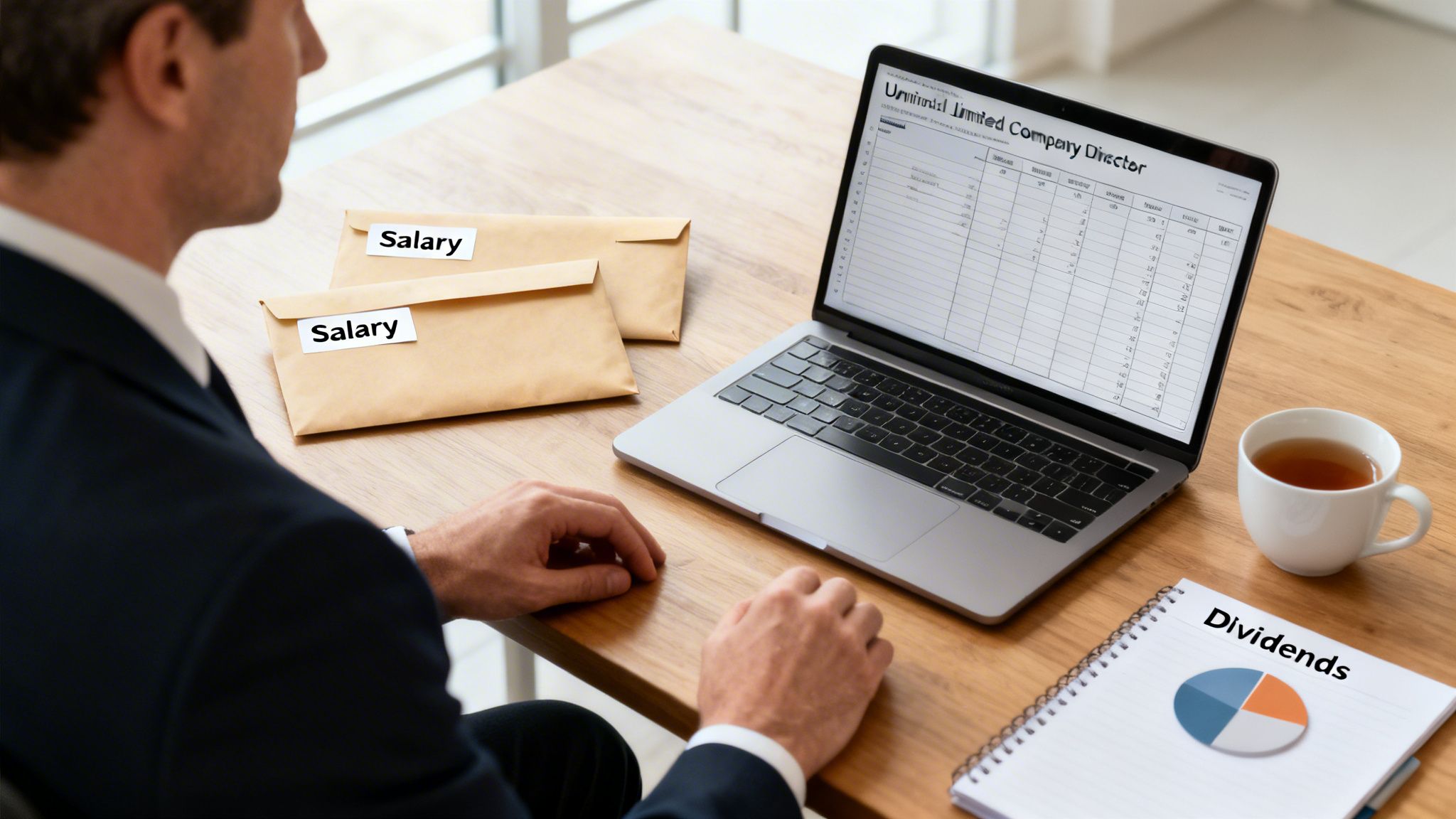 A director reviews laptop spreadsheets, salary envelopes, and dividend notes for limited company compensation.