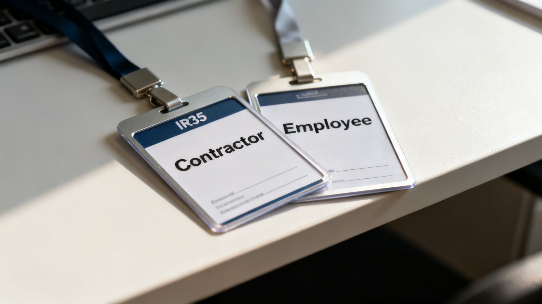 Close-up of two ID badges, one for 'Contractor' (IR35) and one for 'Employee', on a white desk.