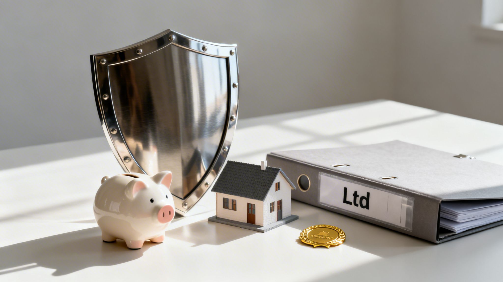 A shield, piggy bank, model house, and 'Ltd' binder symbolize financial protection and business assets.
