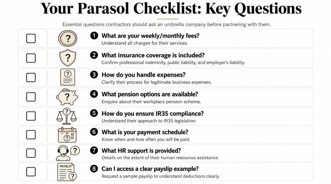 A checklist for contractors outlining eight key questions to ask before choosing an umbrella company.