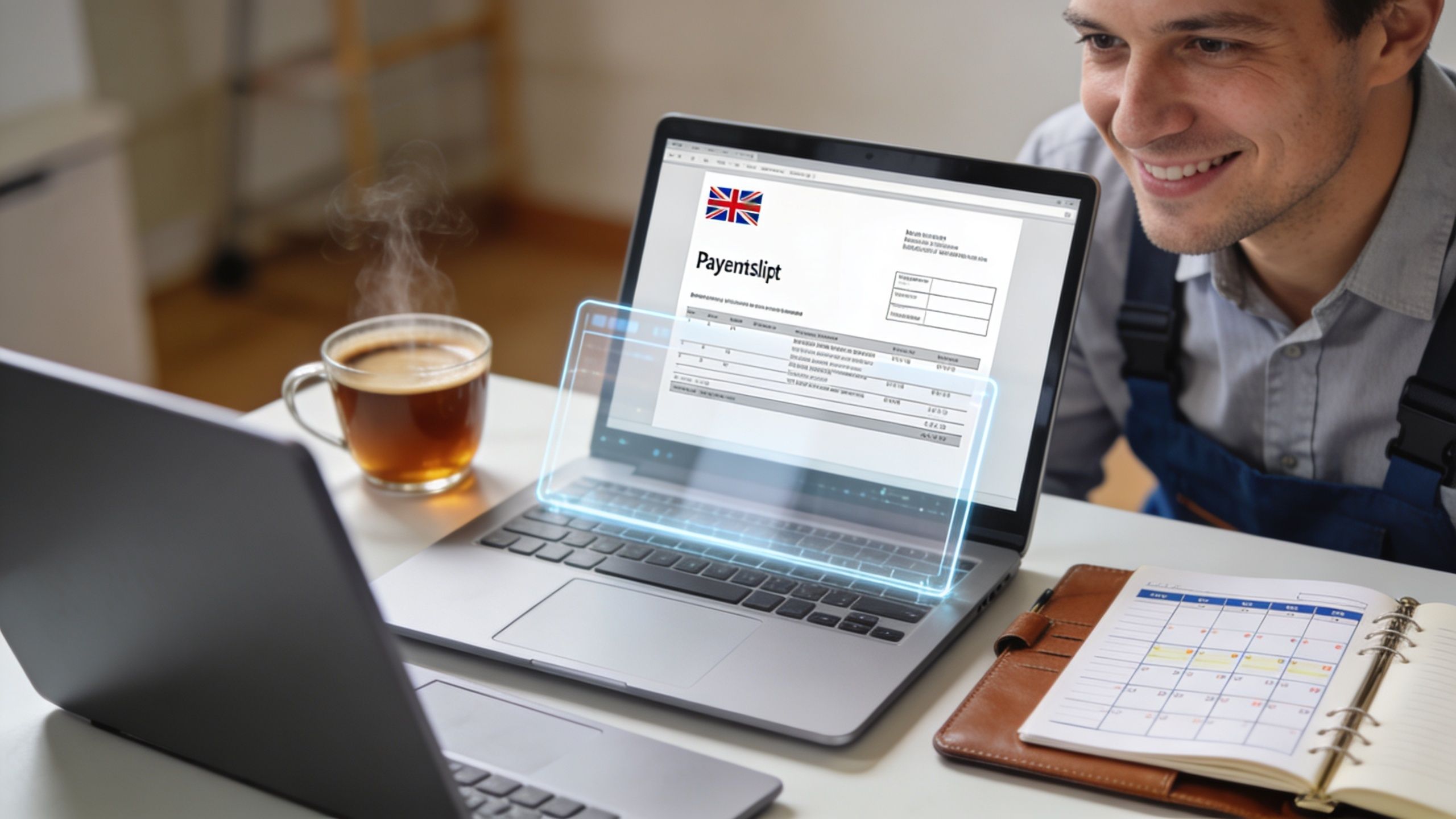 A man smiling while looking at a digital payslip on a laptop screen next to a coffee cup.