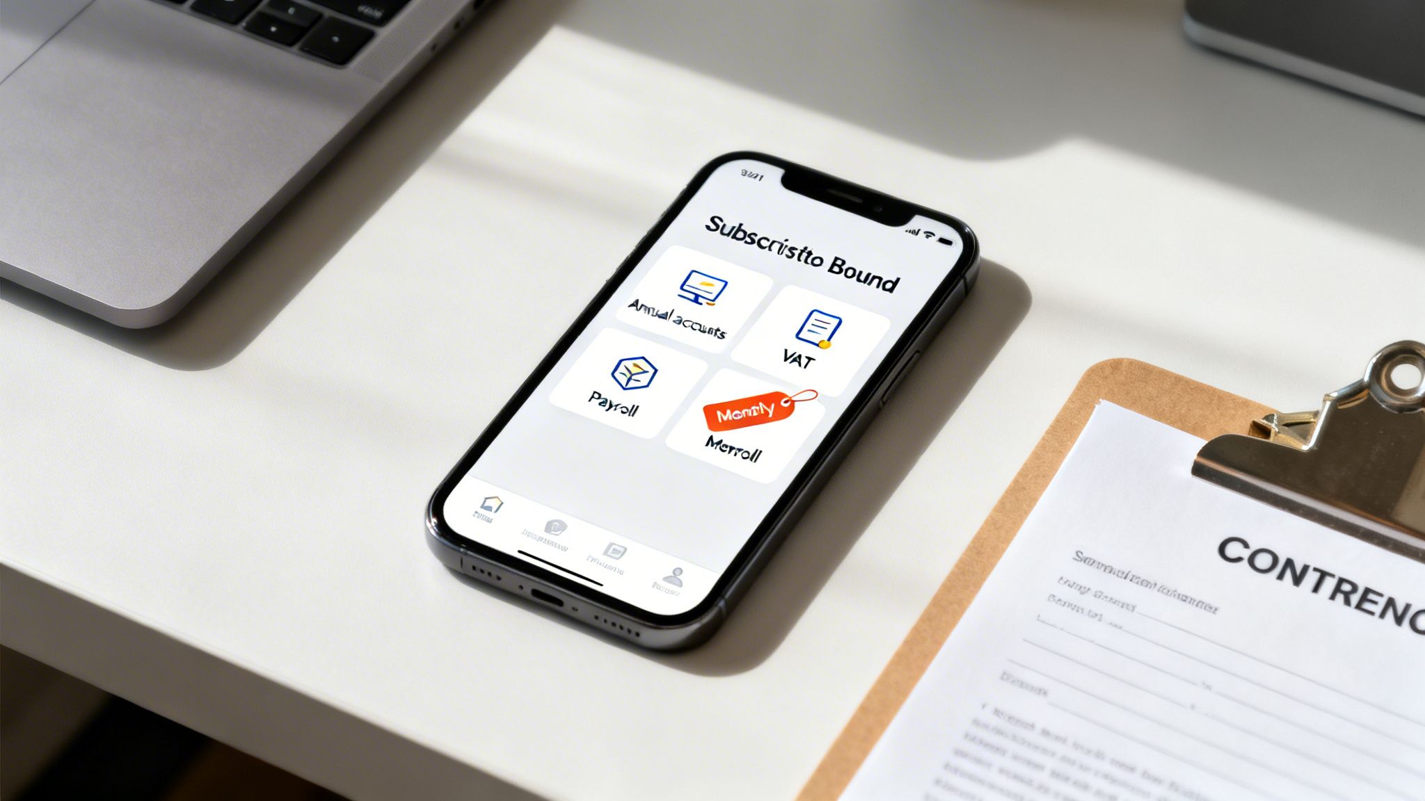 An iPhone displaying an accounting app with services like VAT and Payroll, next to a laptop and clipboard on a white desk.