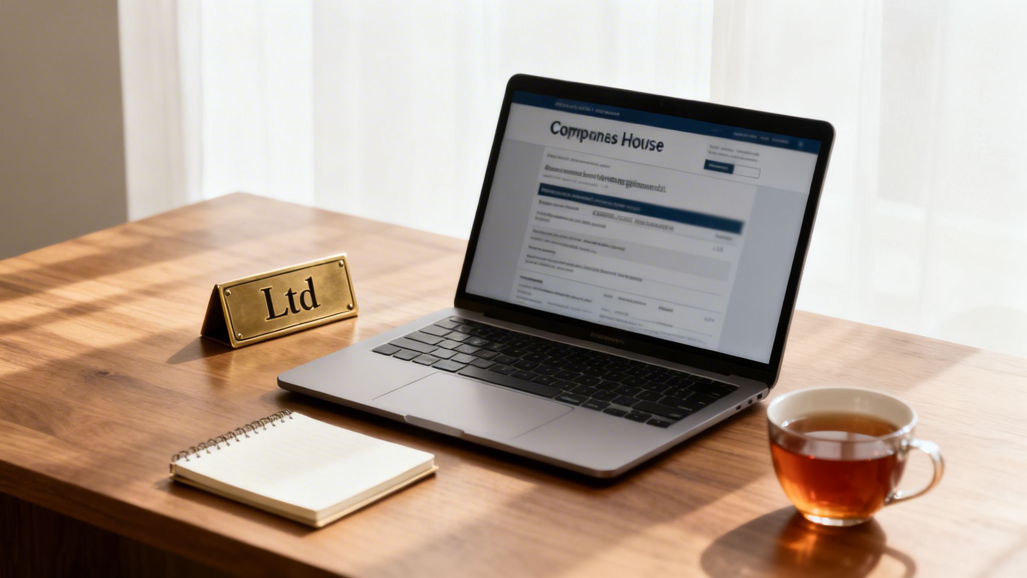 A laptop showing the Companies House website, a 'Ltd' sign, notebook, and tea on a wooden desk.