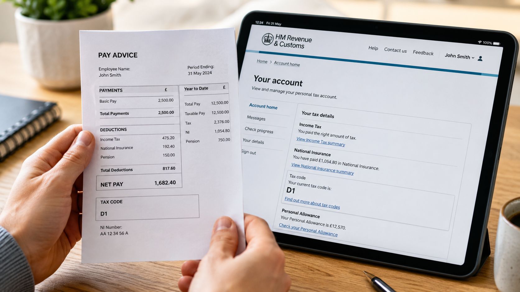 A person holding a pay advice slip alongside a tablet displaying a UK tax account dashboard.