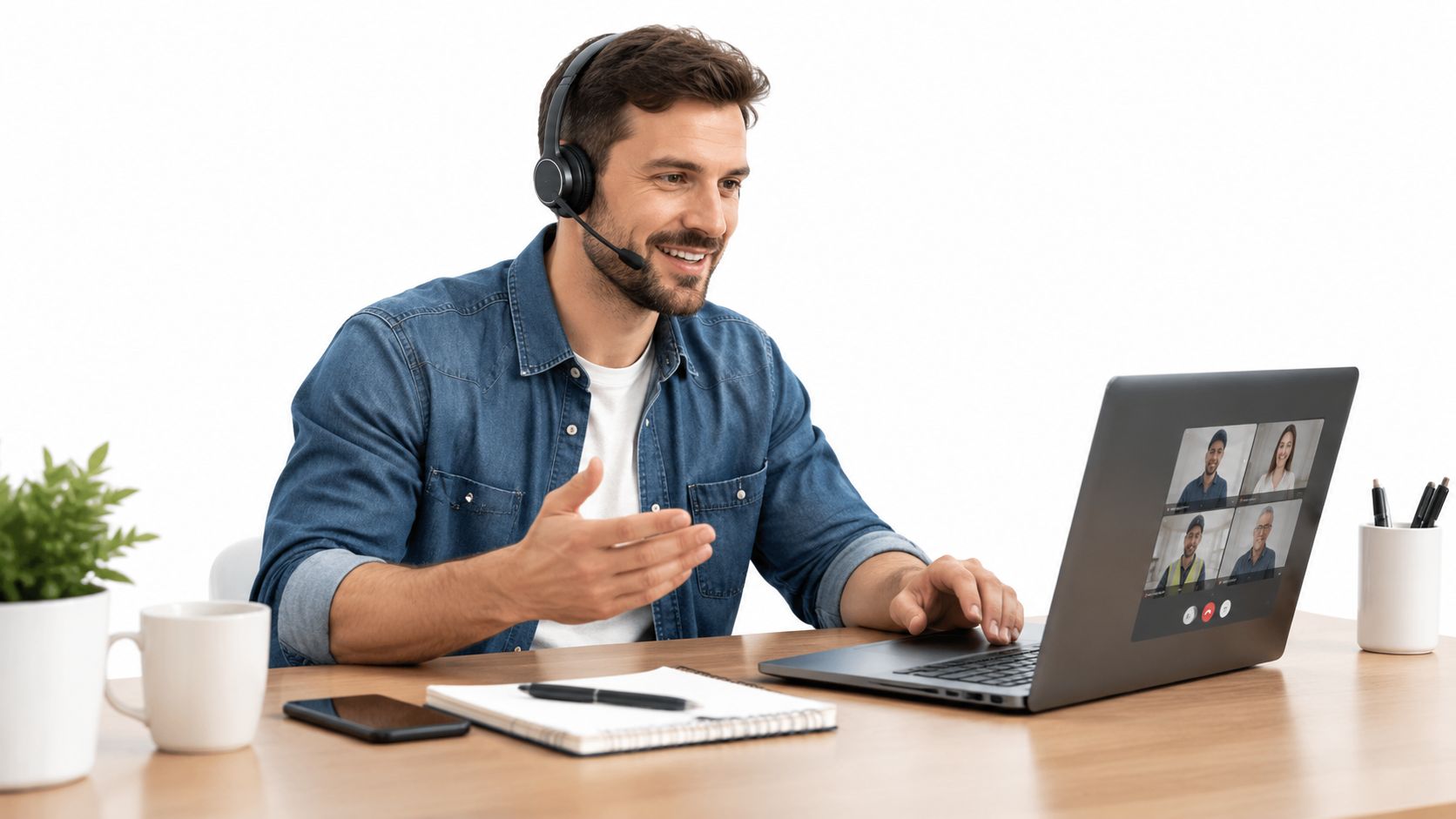 A professional man wearing a headset sitting at a desk while participating in a remote video conference.