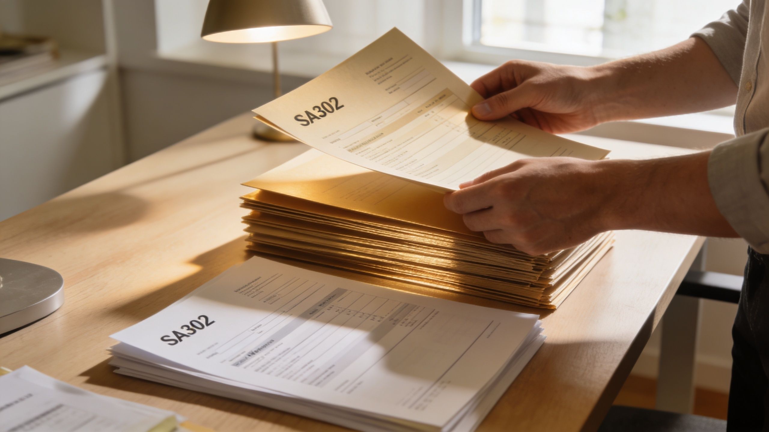 A person reviewing stack of SA302 tax calculation documents while working at a desk in an office.