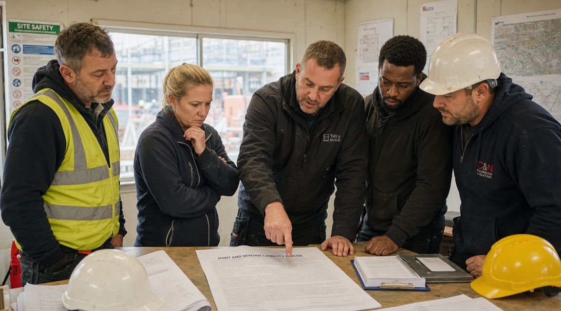 A diverse group of construction workers discussing legal documents on a site office table.