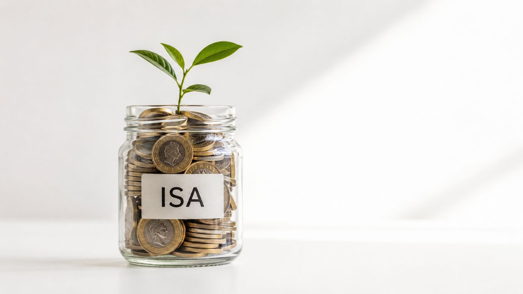 A glass jar filled with British pound coins and a small green plant growing from the top.