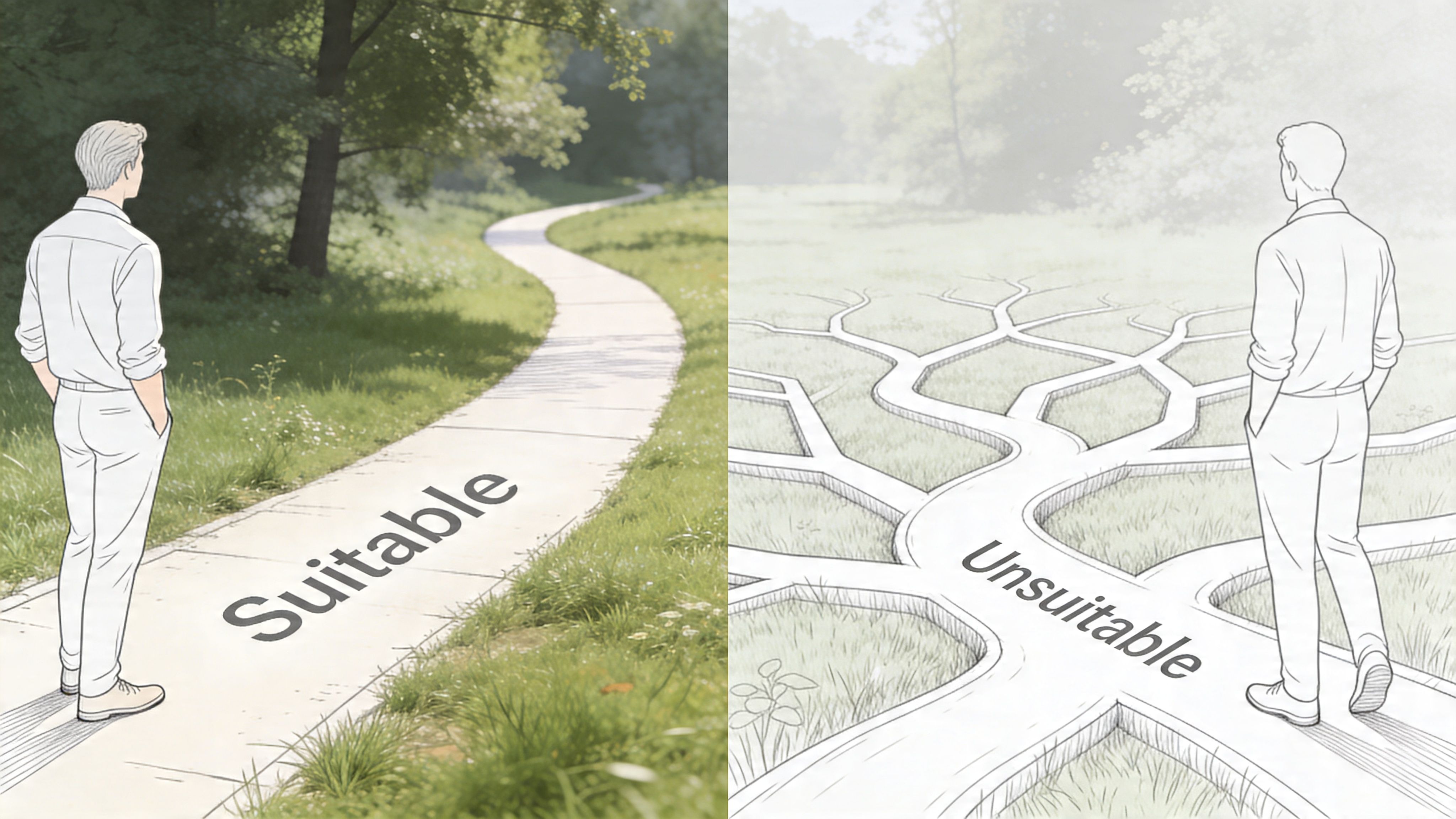 A conceptual illustration comparing a single clear path labeled suitable versus a complex branching path labeled unsuitable.